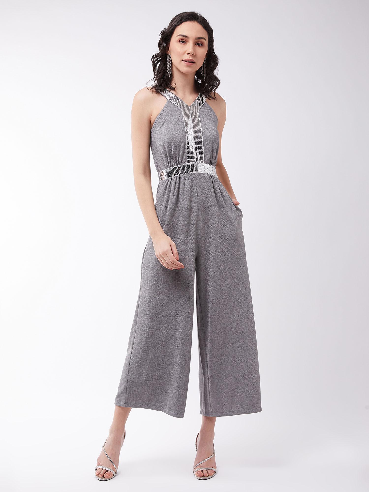 women's solid relaxed fit v-neck sleeveless regular length elasticated jumpsuit