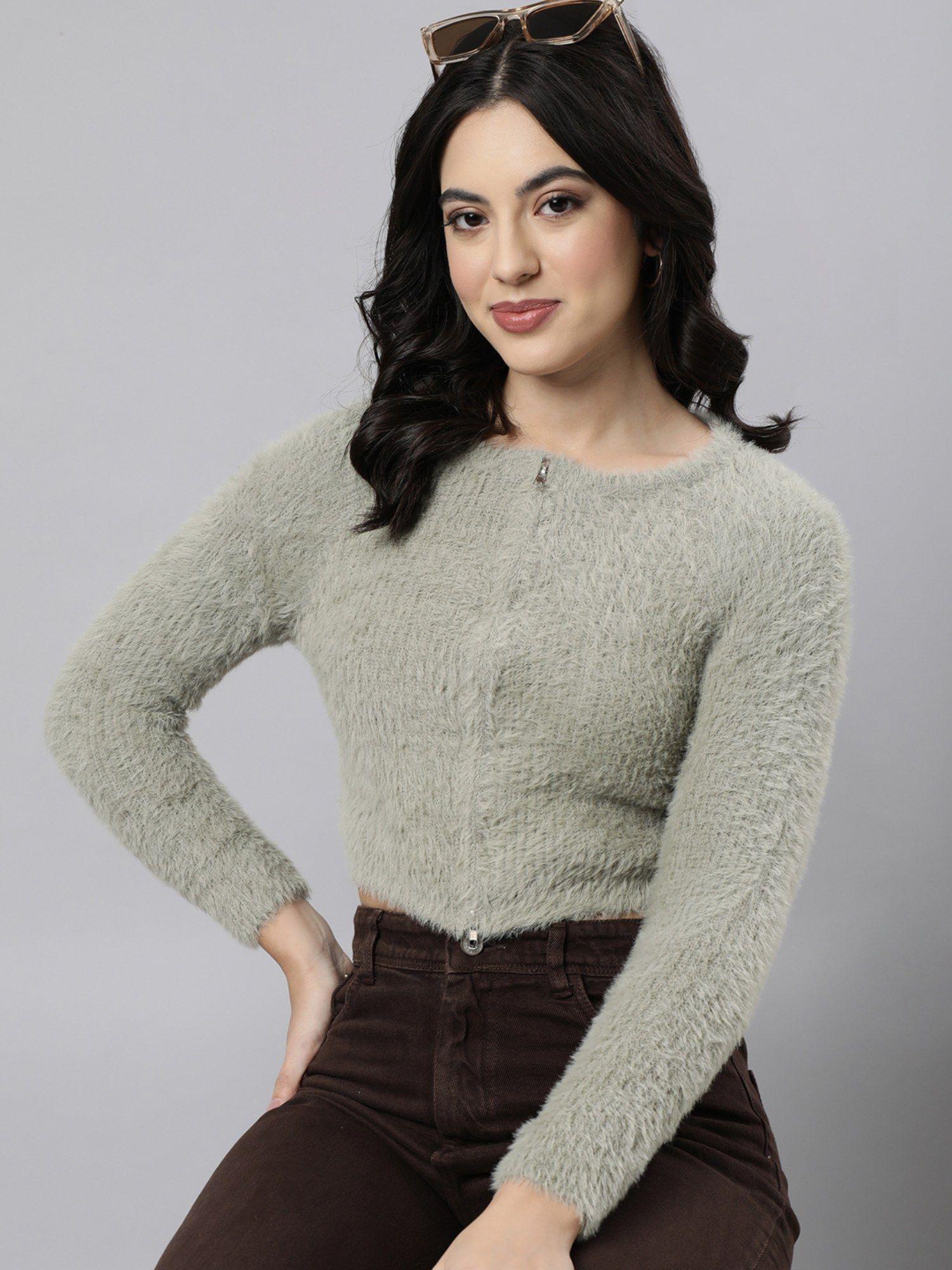 women's solid round neck crop olive fuzzy cardigan