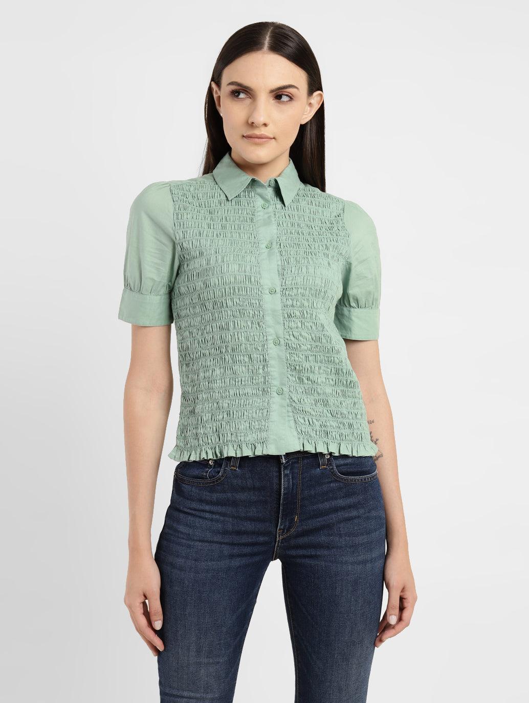 women's solid spread collar shirt