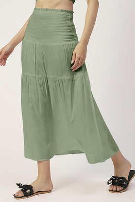 women's solid viscose rayon casual skirt high waist smocked midi skirt - green
