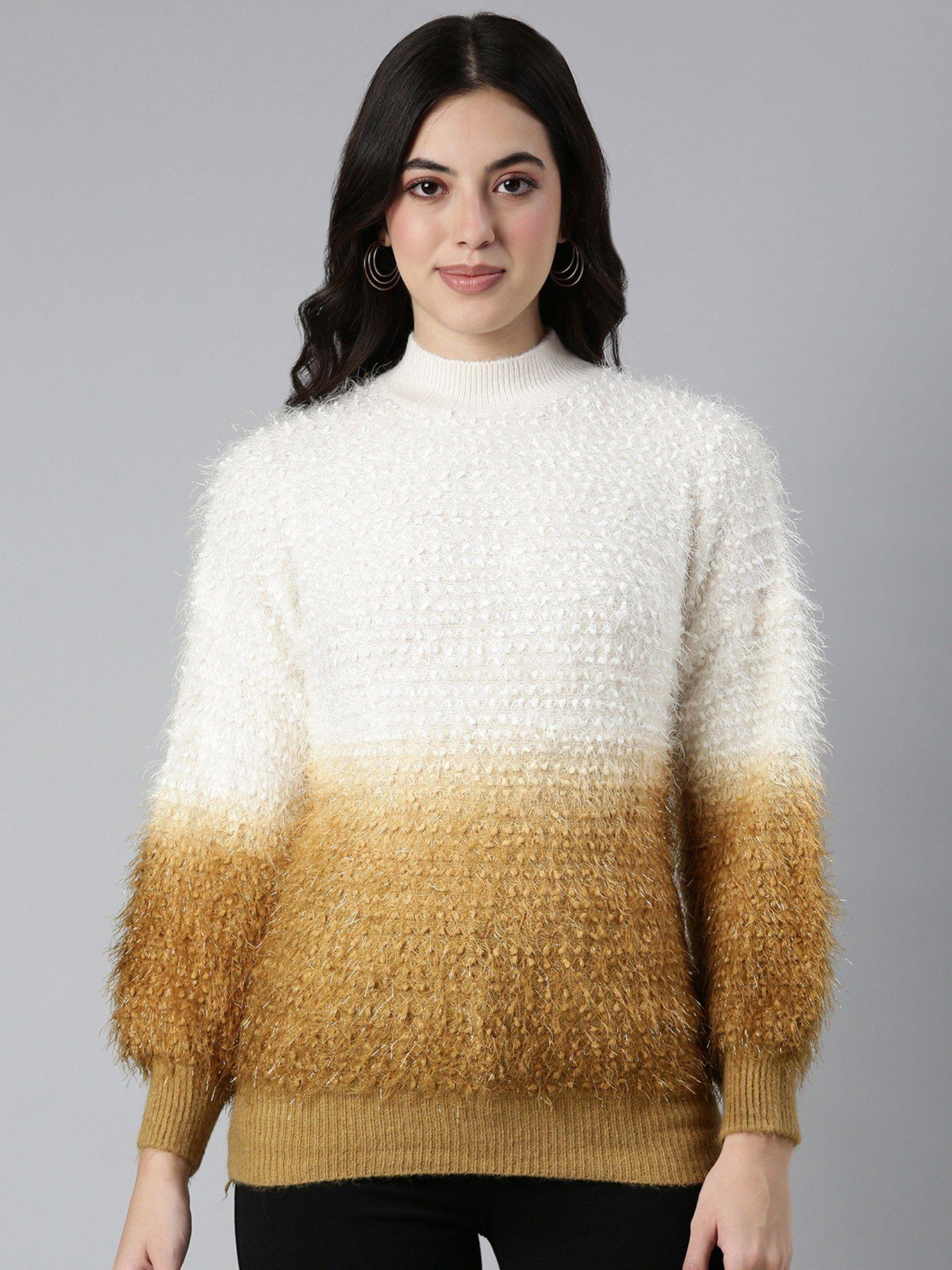 women's speckled high neck regular mustard fuzzy pullover