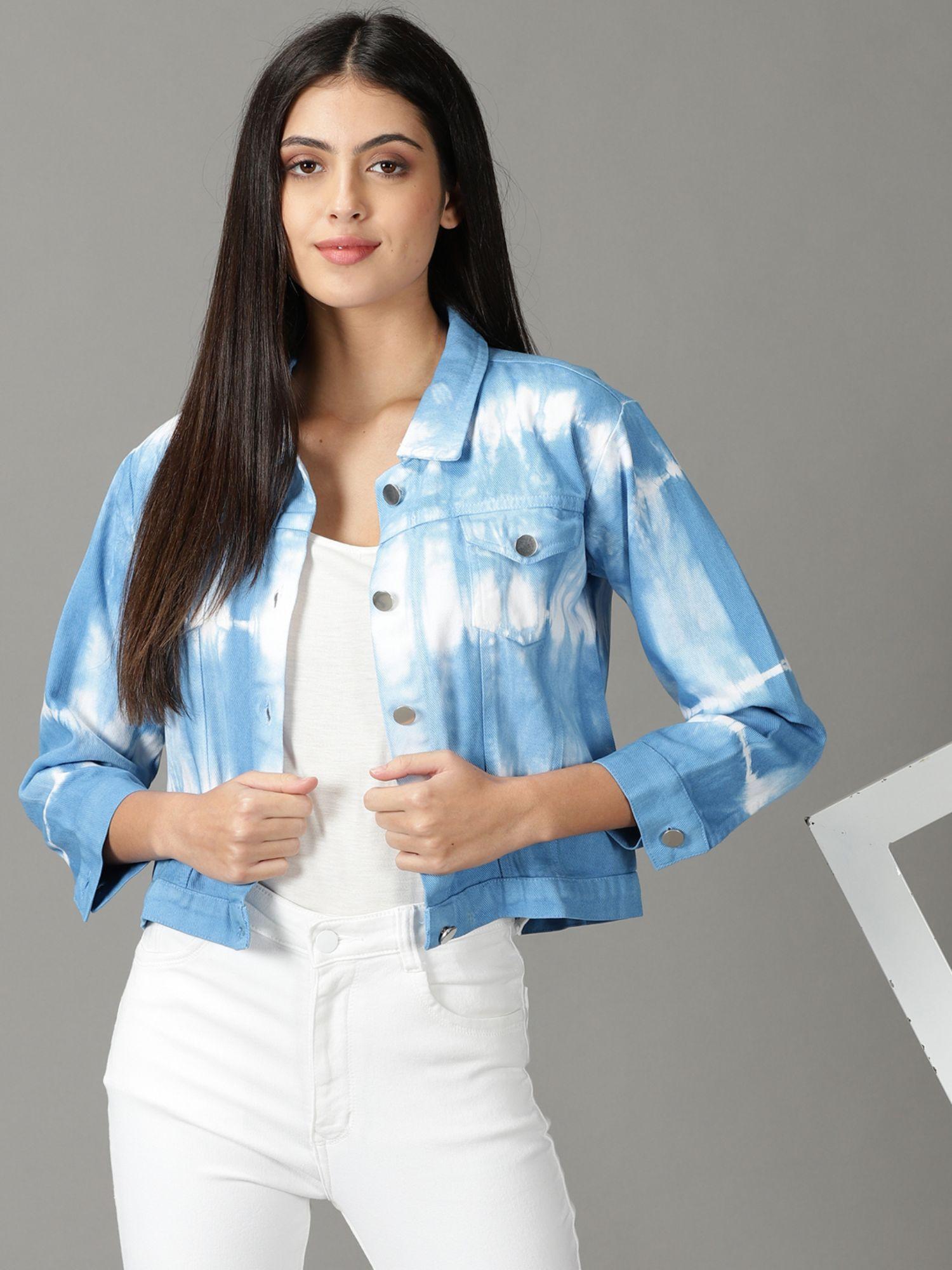 women's spread collar printed blue open front jacket