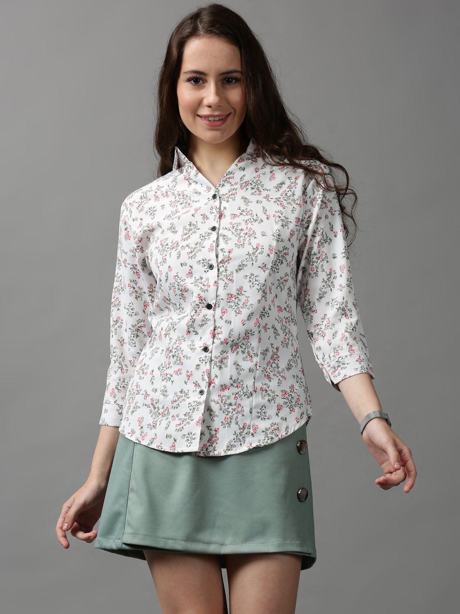 women's spread collar printed white polyester shirt