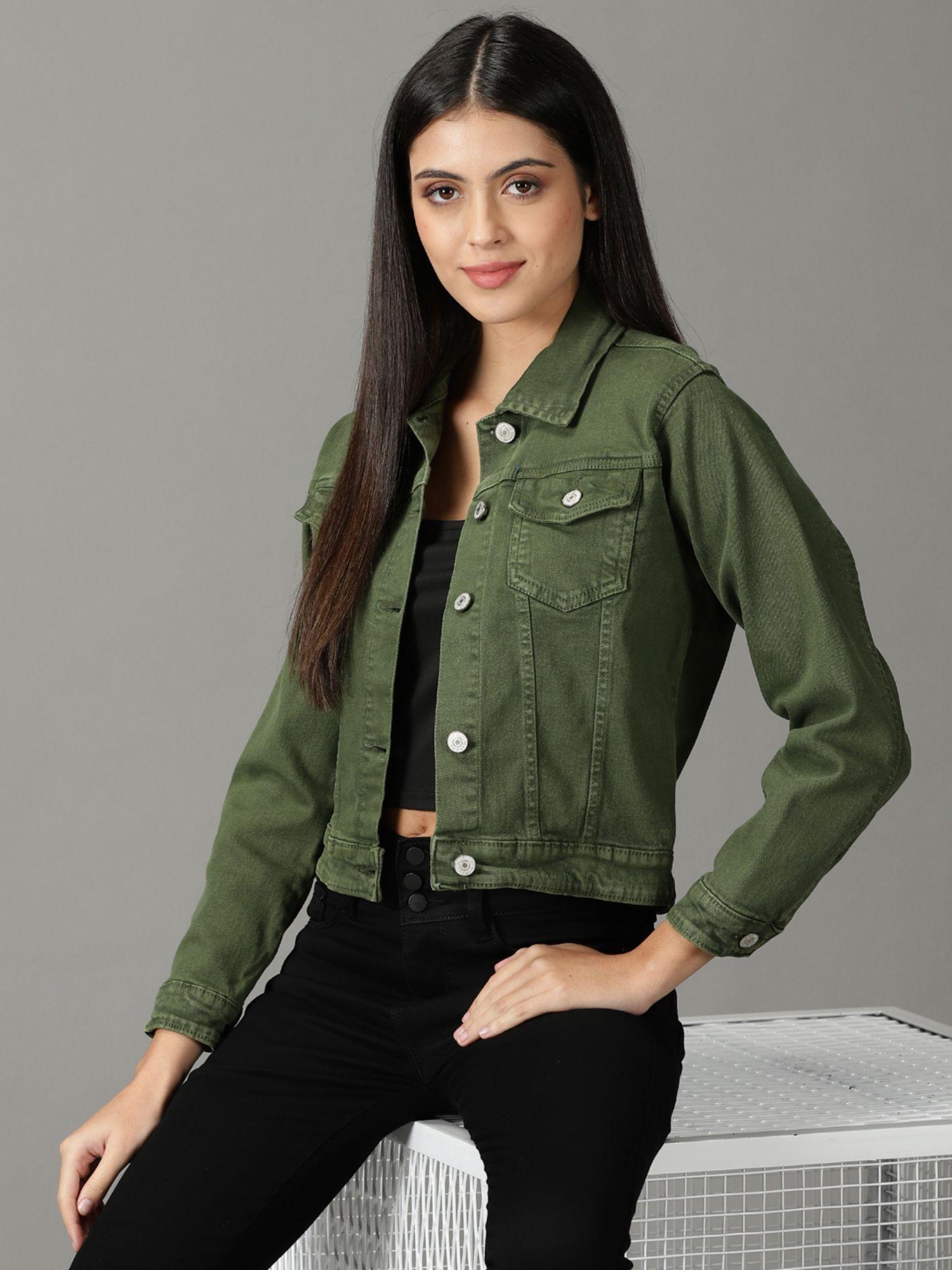 women's spread collar solid olive open front jacket