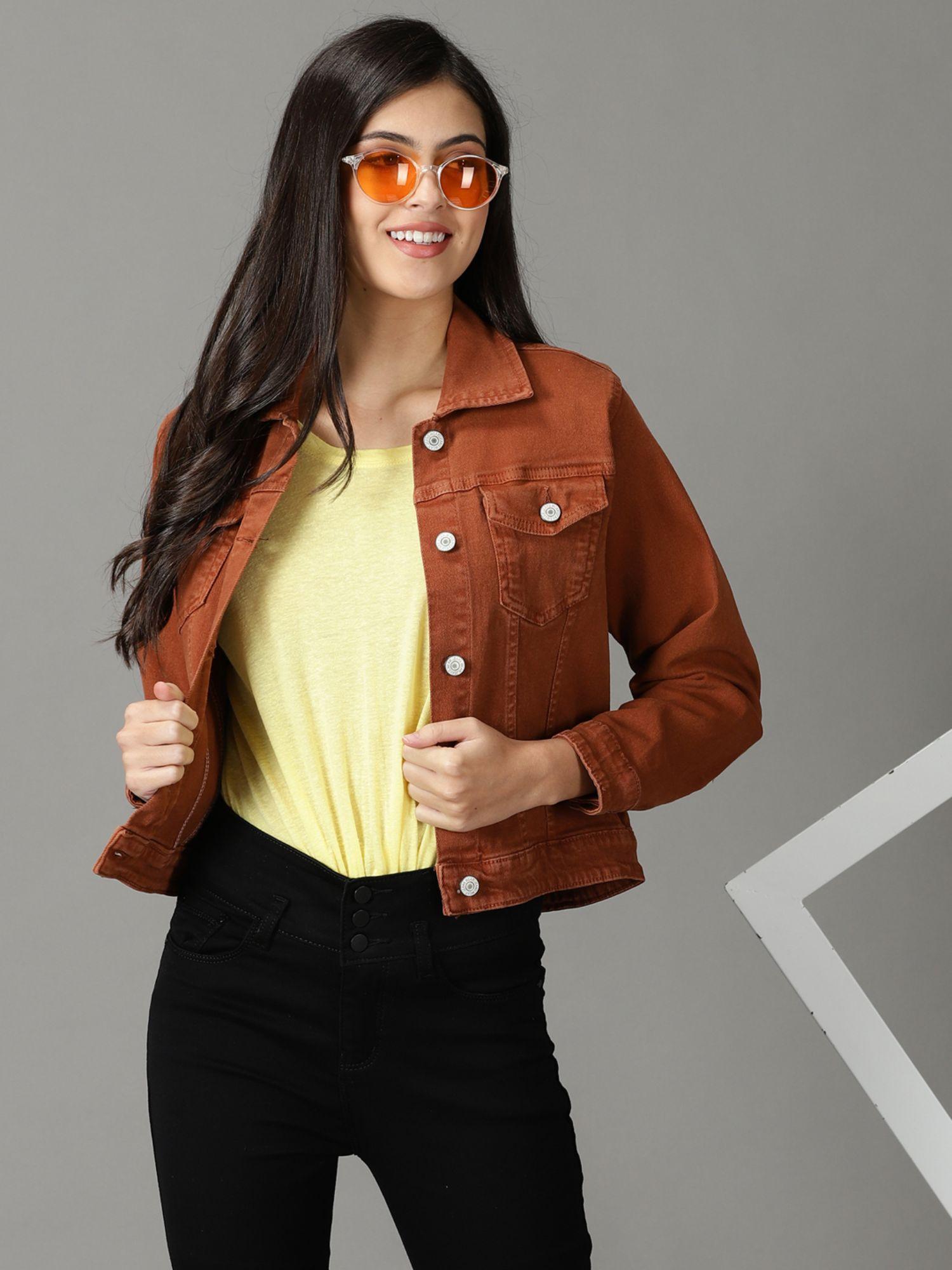 women's spread collar solid rust open front jacket