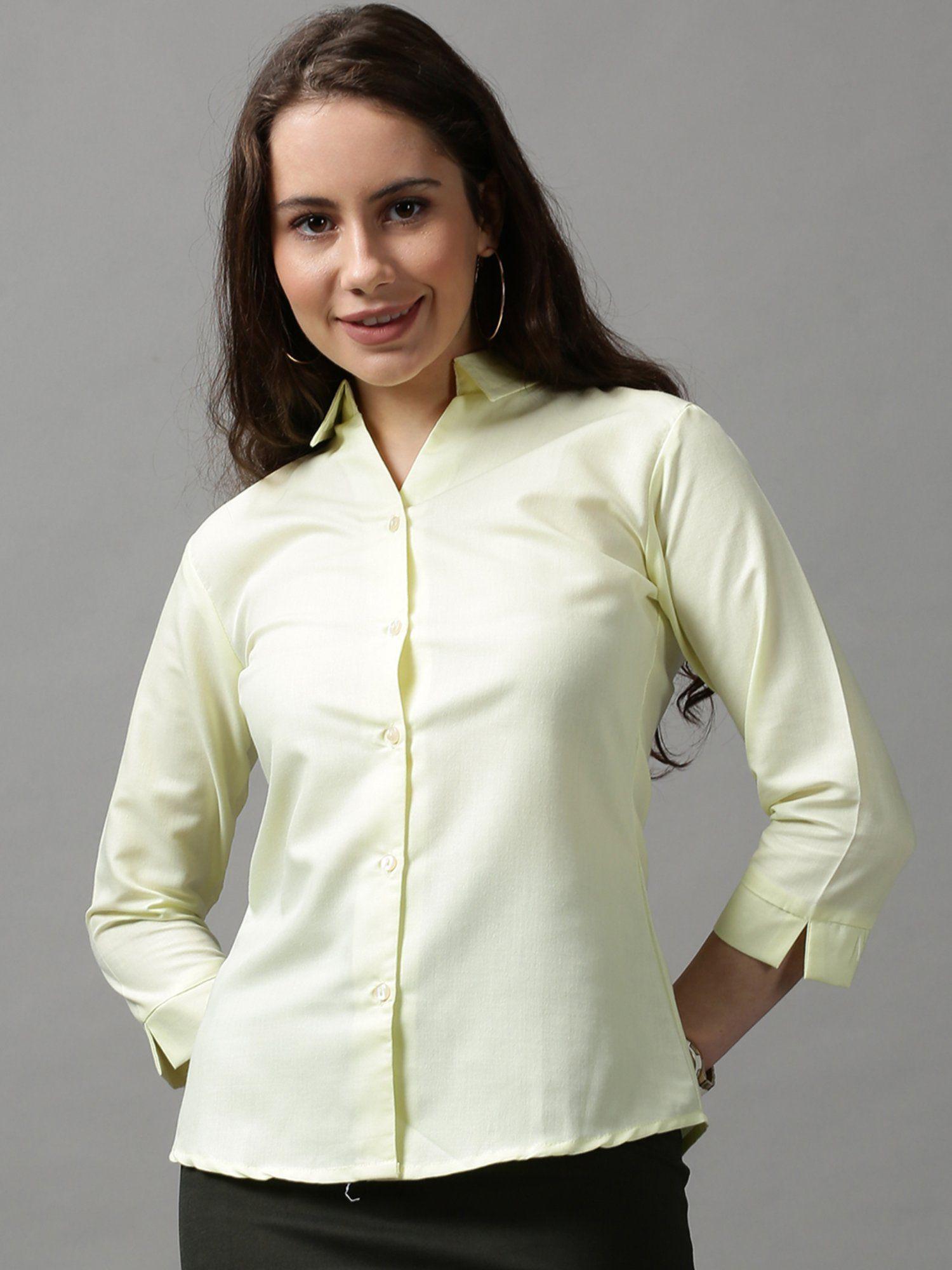 women's spread collar solid yellow polyester shirt