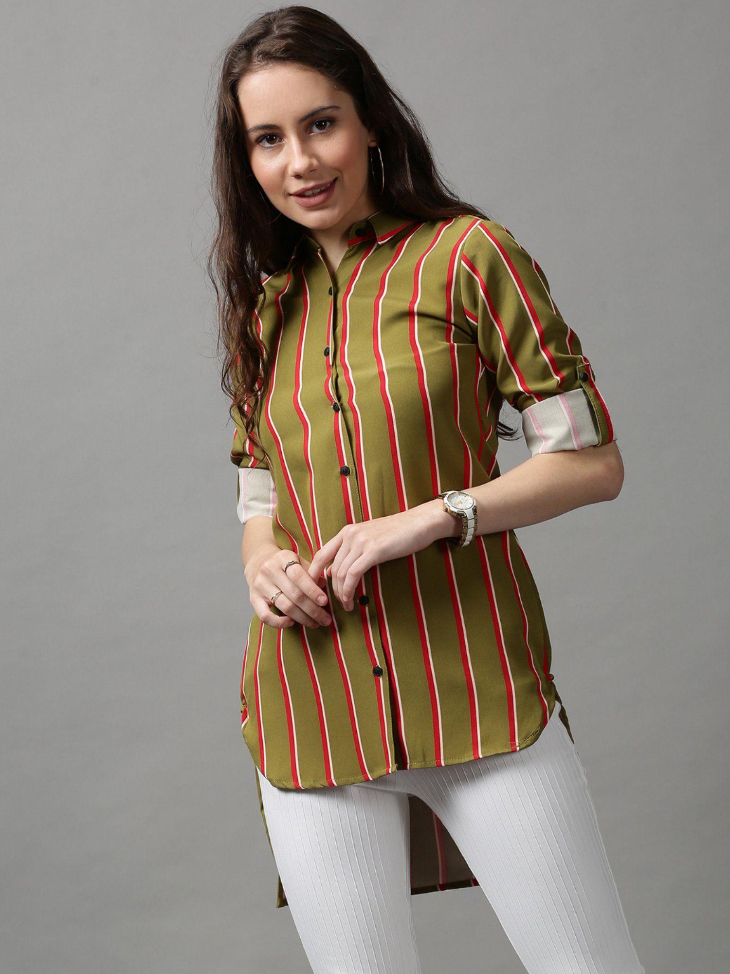 women's spread collar striped olive polycotton shirt