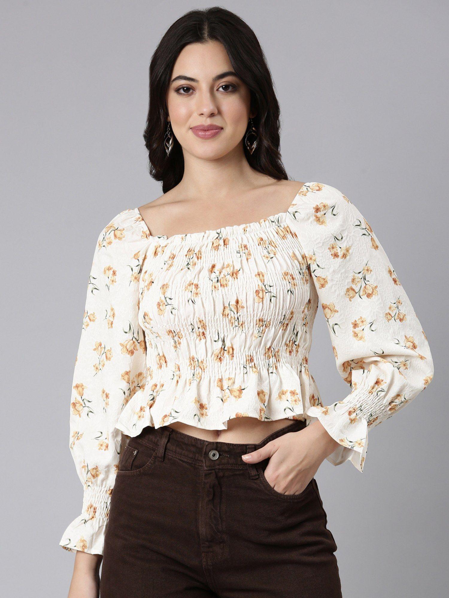 women's square neck floral peplum mustard full sleeves crop top