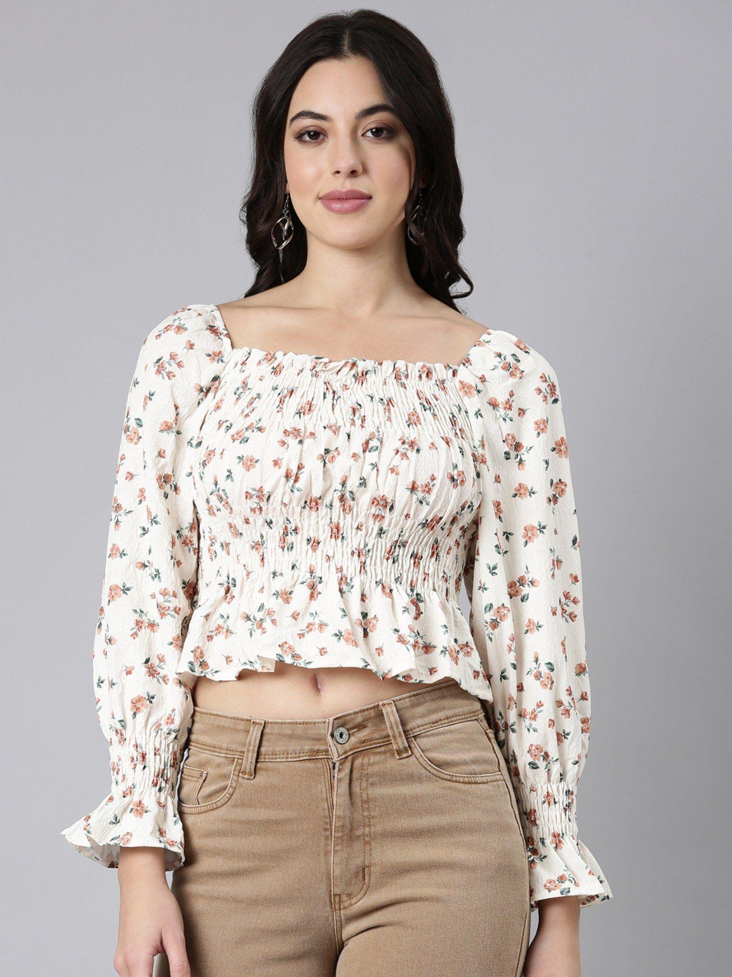 women's square neck floral peplum off white full sleeves crop top