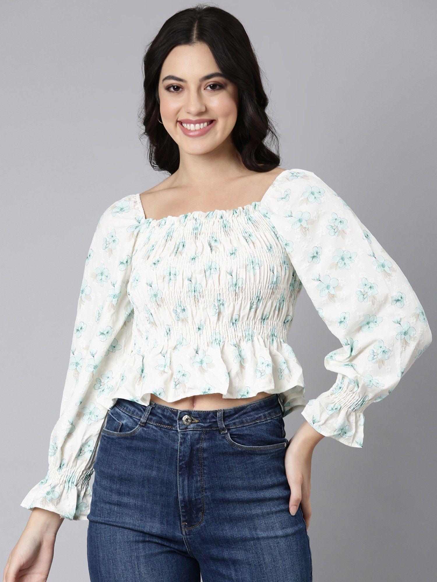 women's square neck floral peplum sea green full sleeves crop top