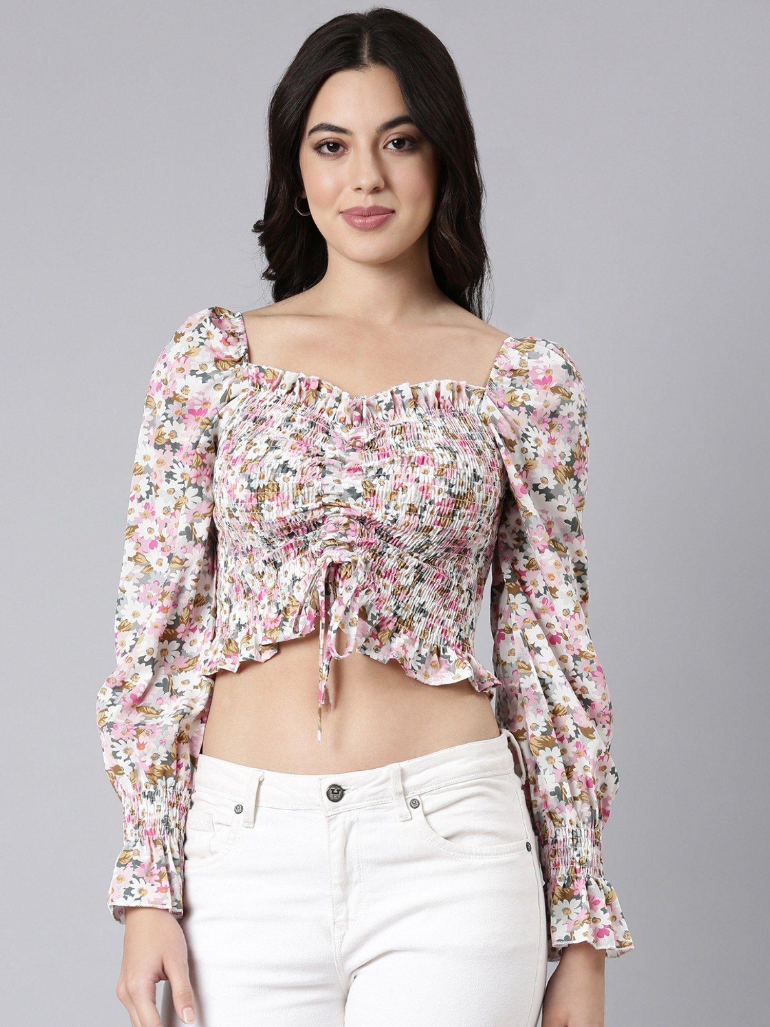 women's square neck floral pink full sleeves crop ruched top