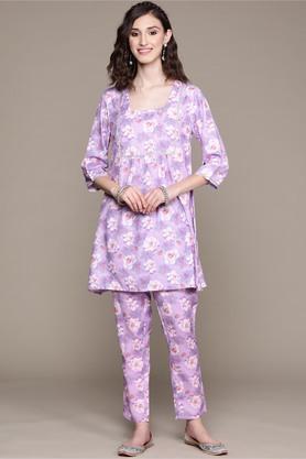 women's square neck rayon flared kurta and pant set - purple