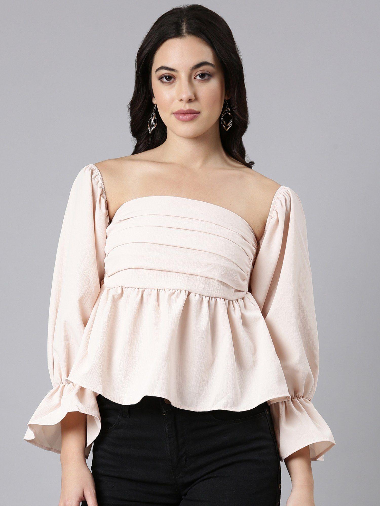 women's square neck solid peplum peach full sleeves crop top