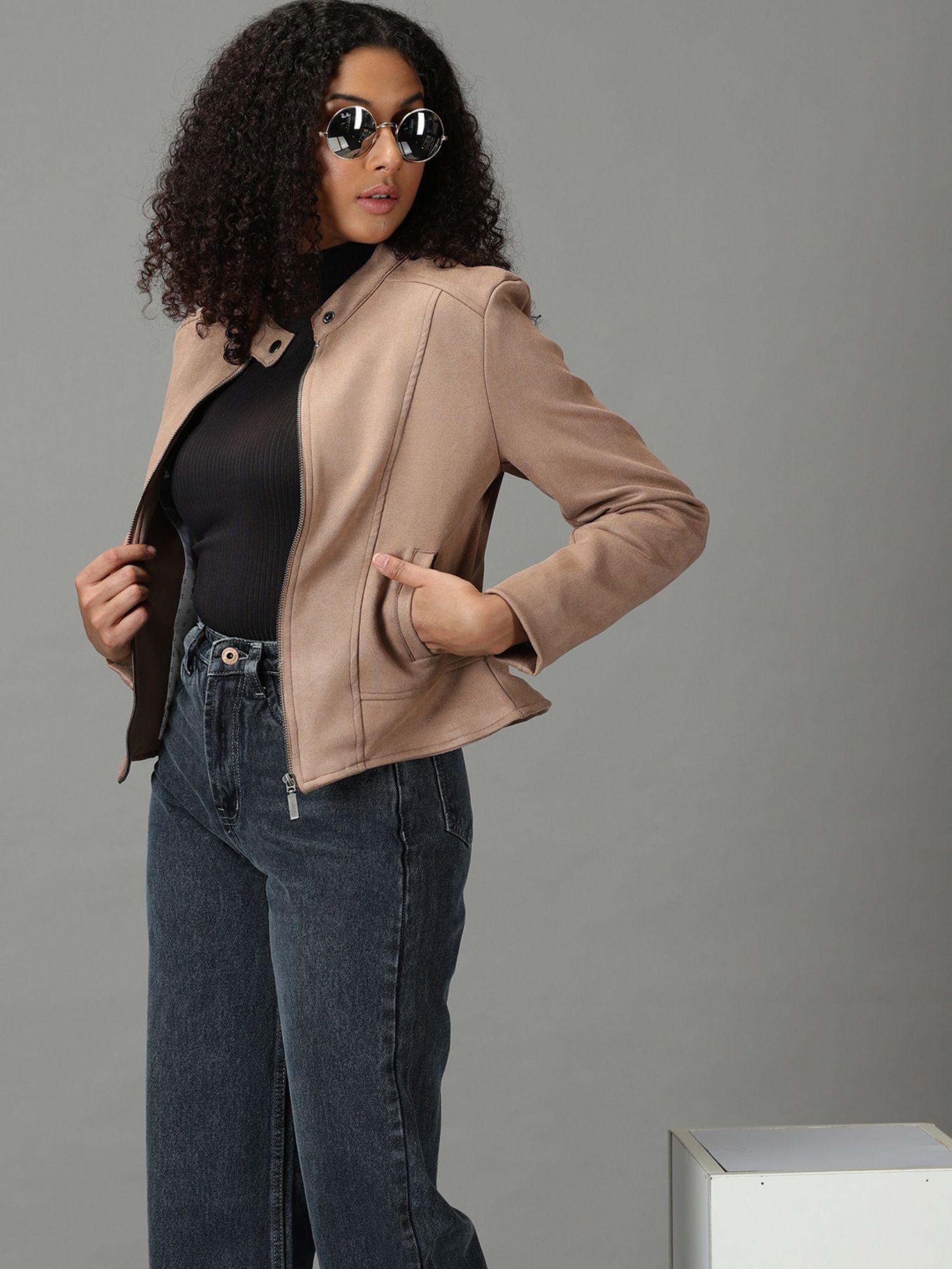 women's stand collar solid taupe open front jacket