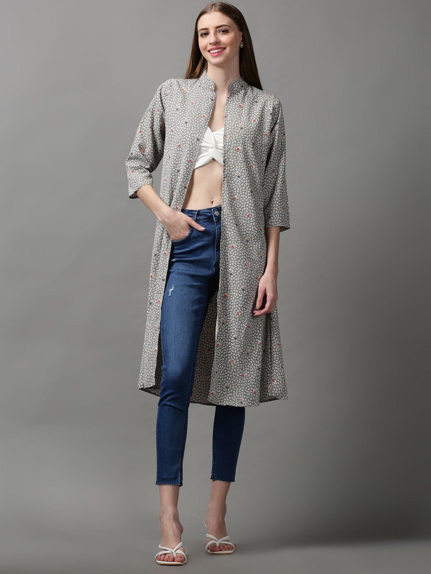 women's straight poly crepe grey printed longline shrug