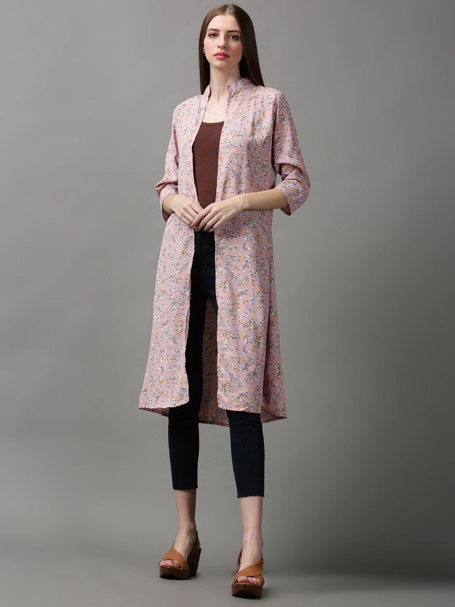 women's straight poly crepe mauve printed longline shrug