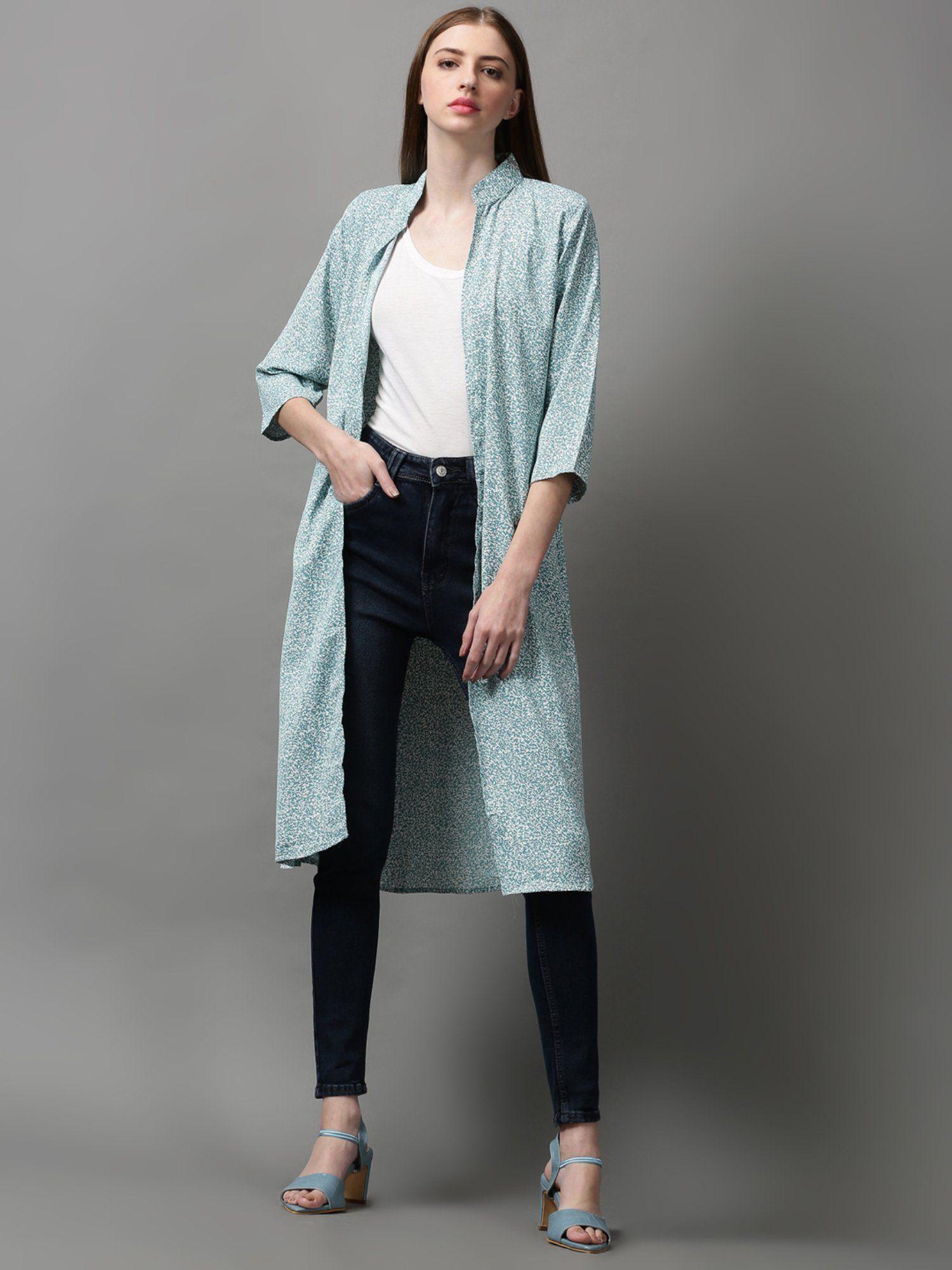 women's straight poly crepe sea green printed longline shrug