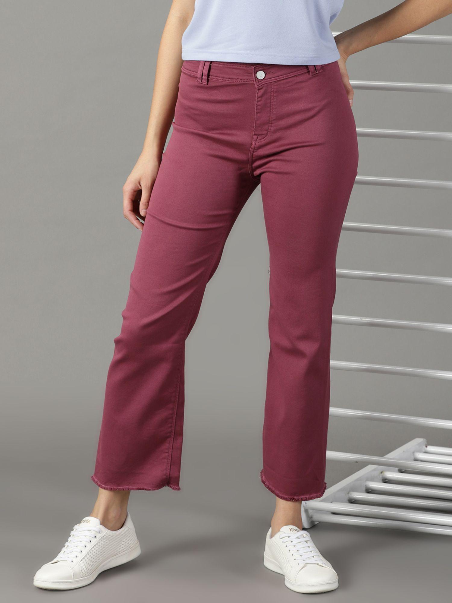 women's stretchable clean look magenta wide leg jeans