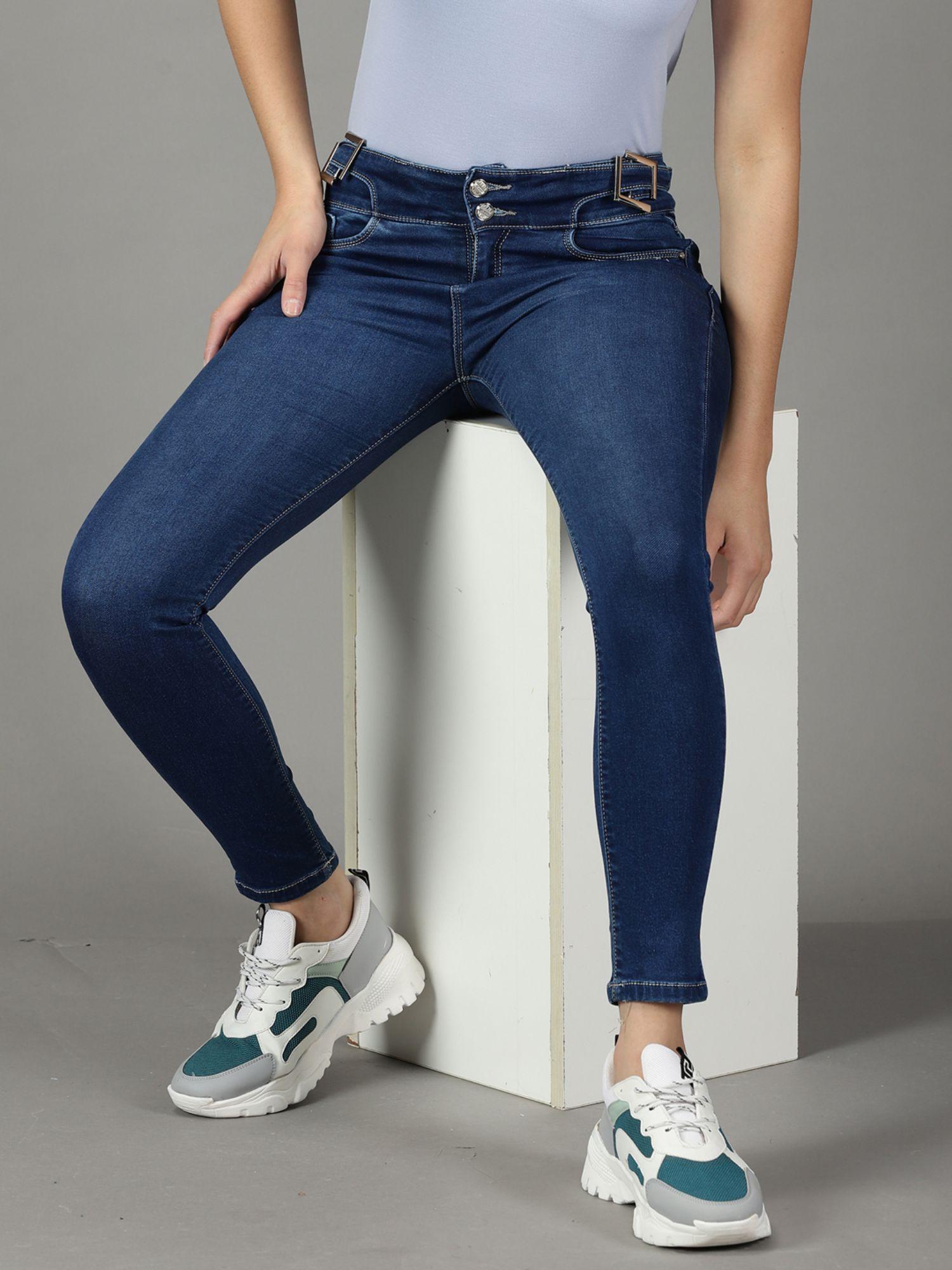 women's stretchable clean look navy blue slim fit jeans