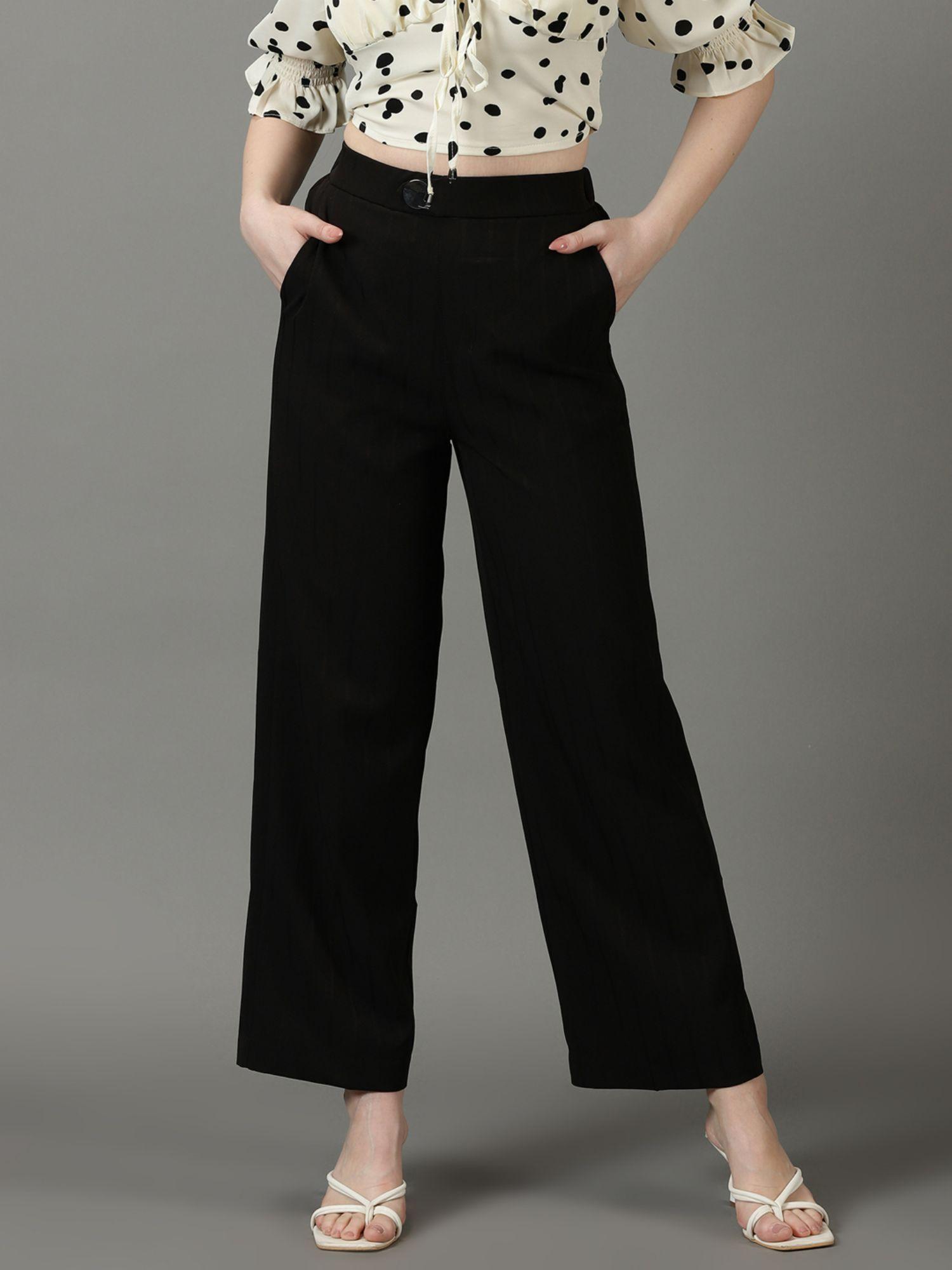 women's striped loose fit black parallel trouser