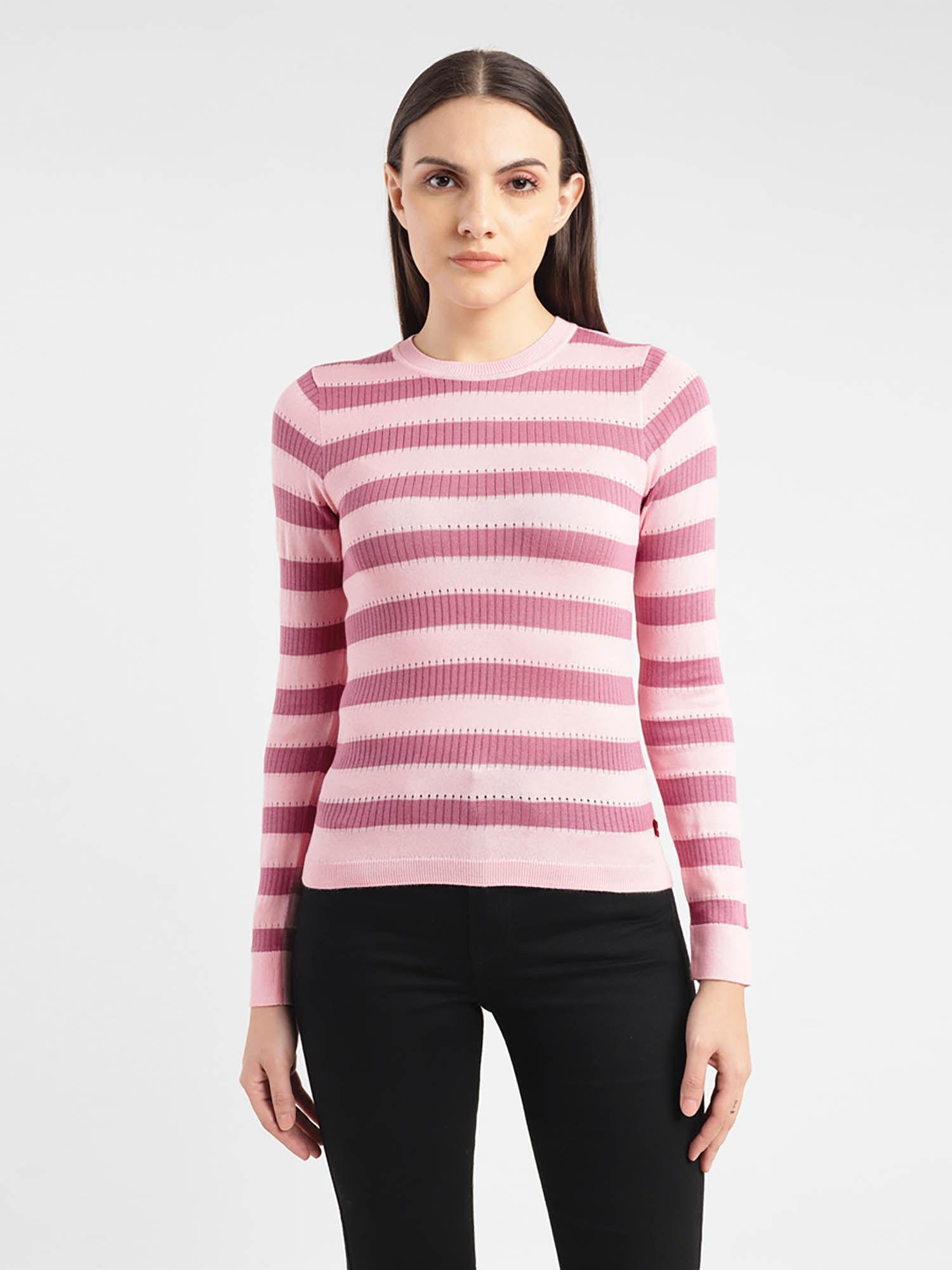 women's striped pink crew neck sweater