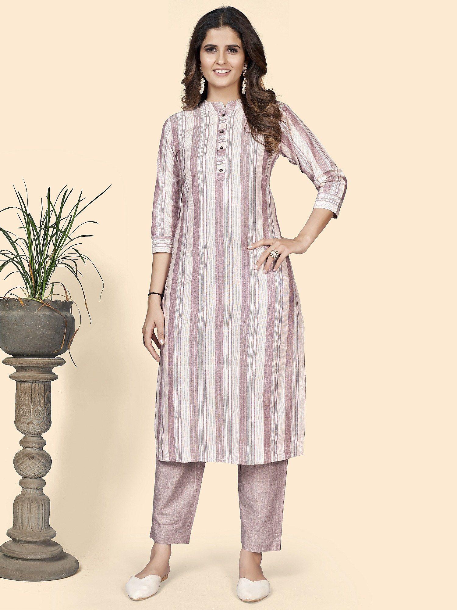 women's striped print straight cotton blend dusty pink stitched kurta (vf-ku-1930)