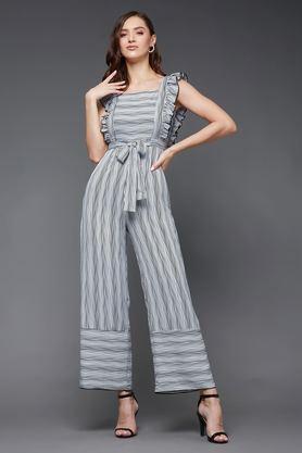 women's striped square neck frilled crepe relaxed fit tie-up regular jumpsuit - multi