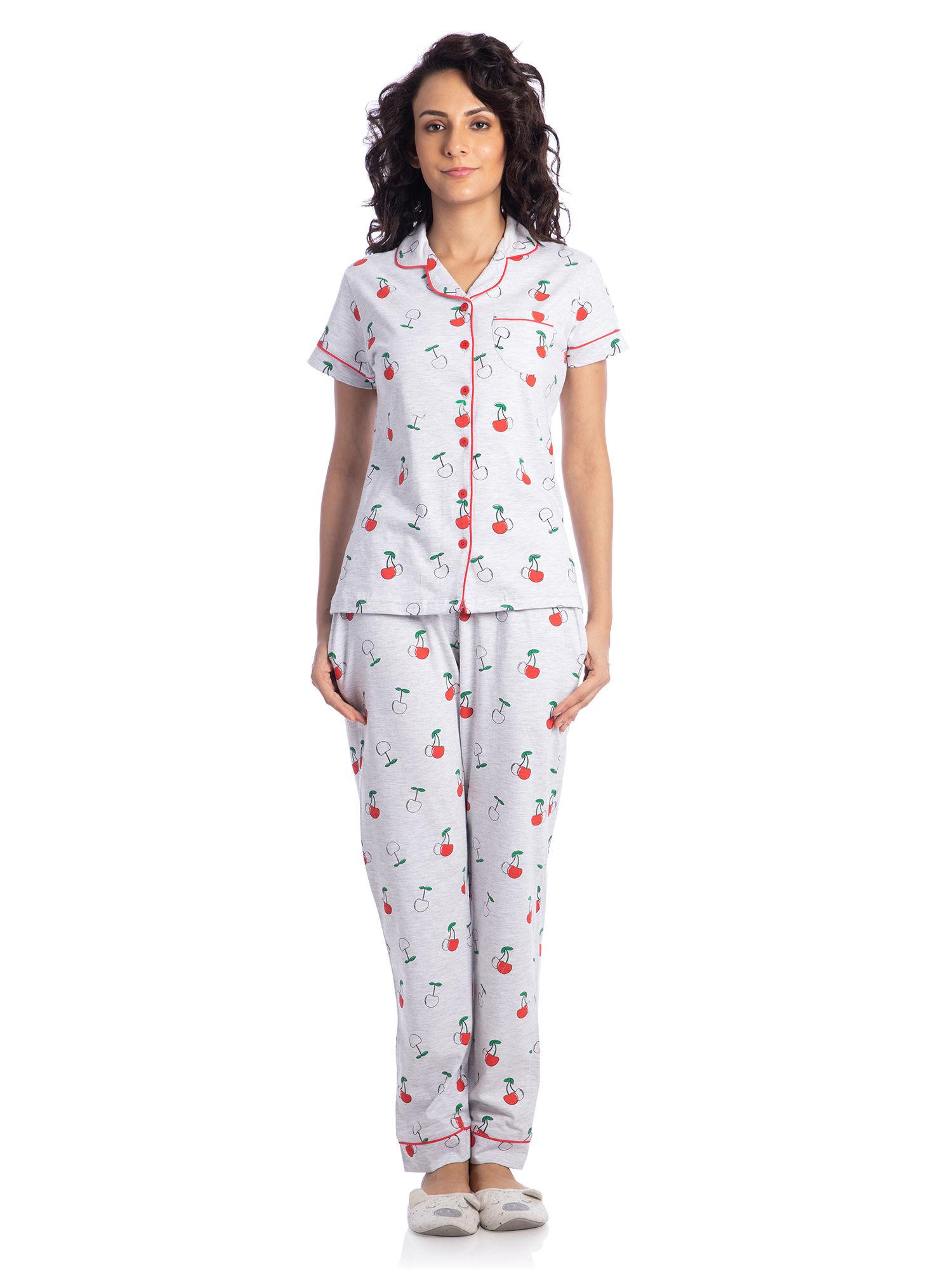 women's sweet cherry cotton pyjama set - grey