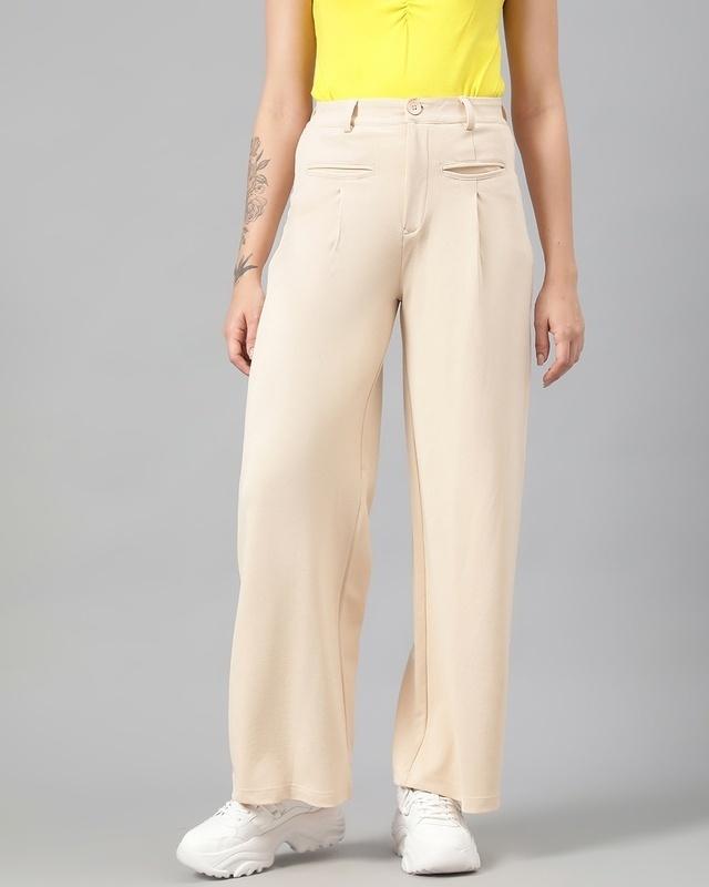 women's tan beige straight fit trousers