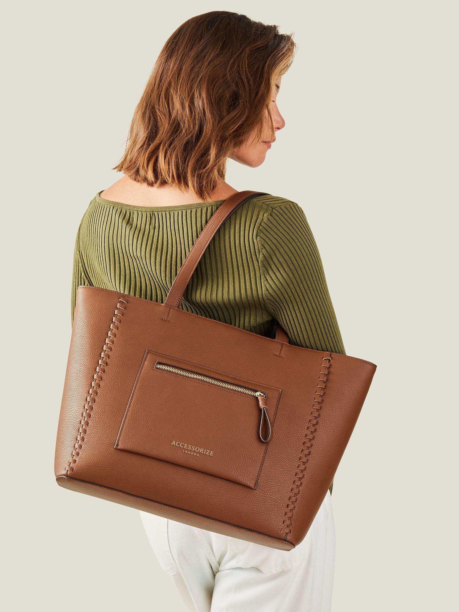 women's tan front pocket tote bag