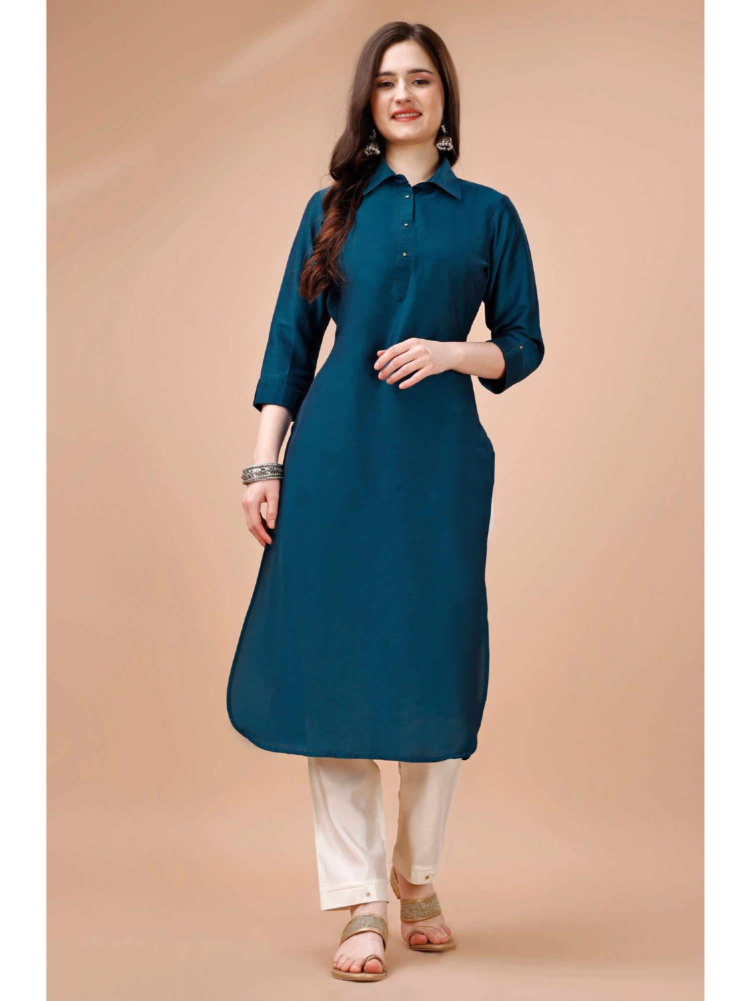 women's teal chinon silk solid calf length straight pathani kurta