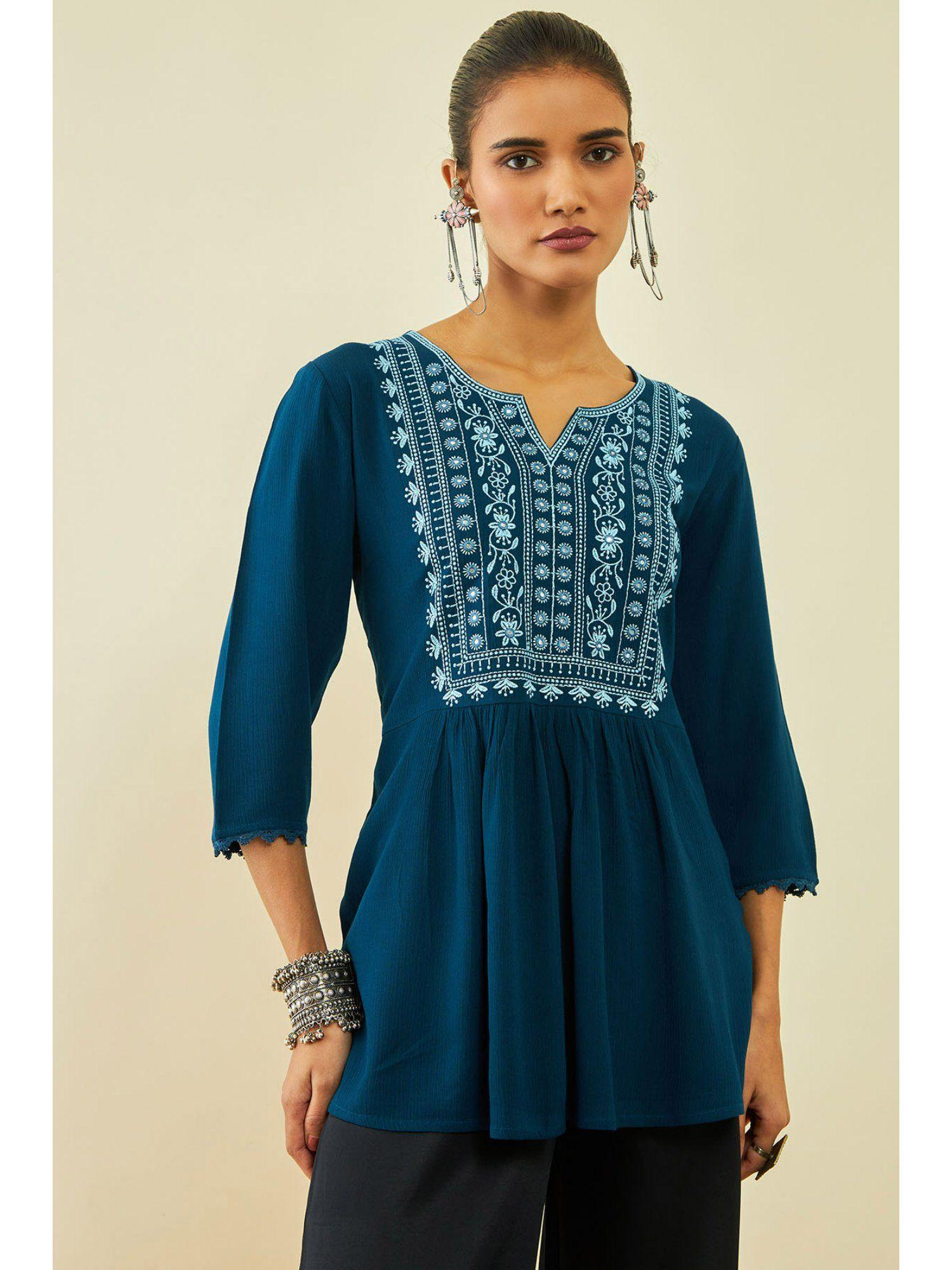 women's teal crepe embroidered tunic with thread work