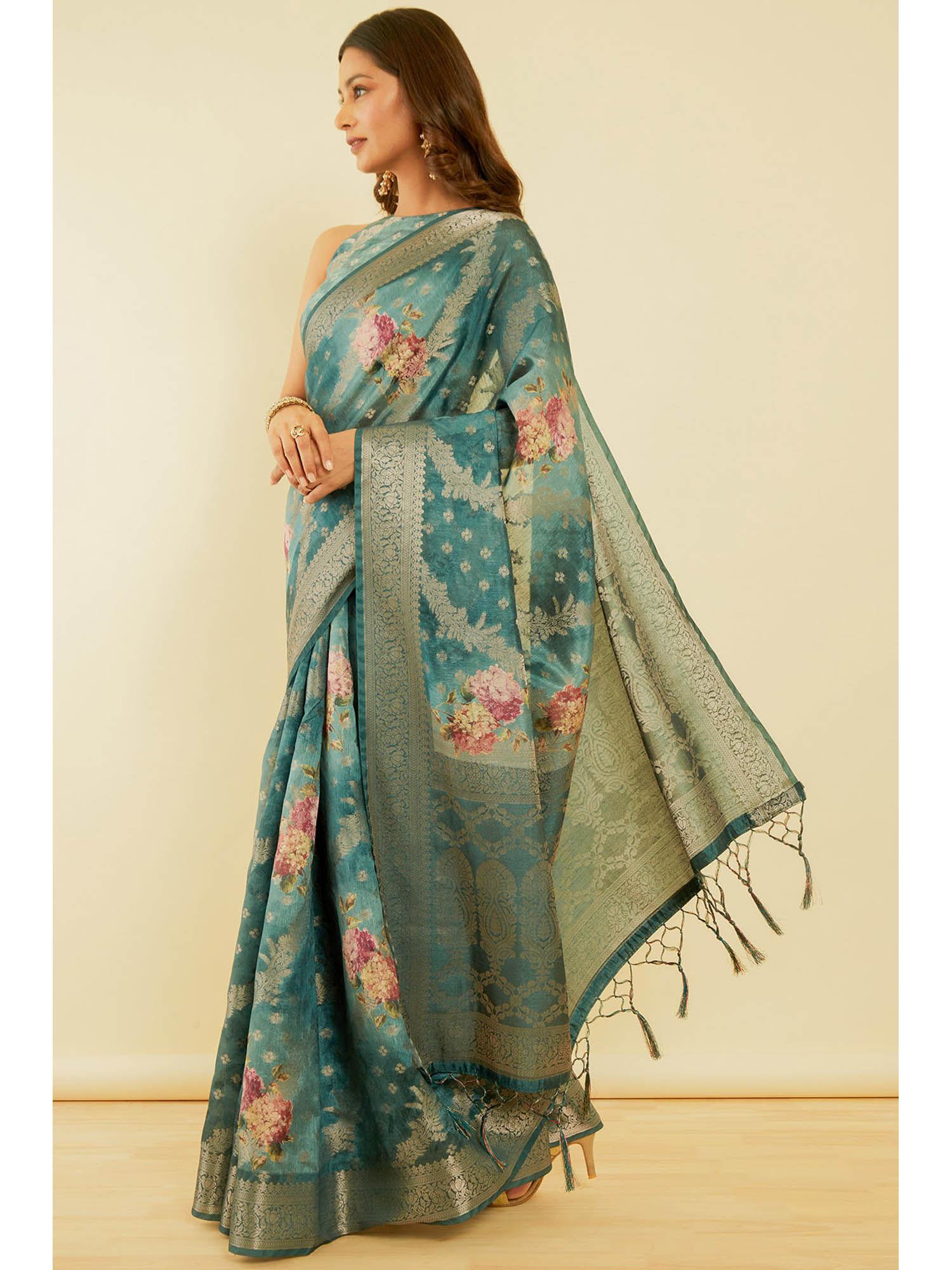 women's teal floral print chanderi jacquard saree with unstitched blouse