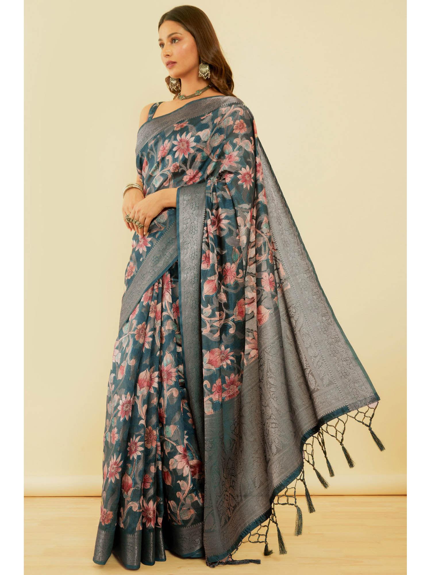 women's teal floral print jacquard chanderi saree with unstitched blouse