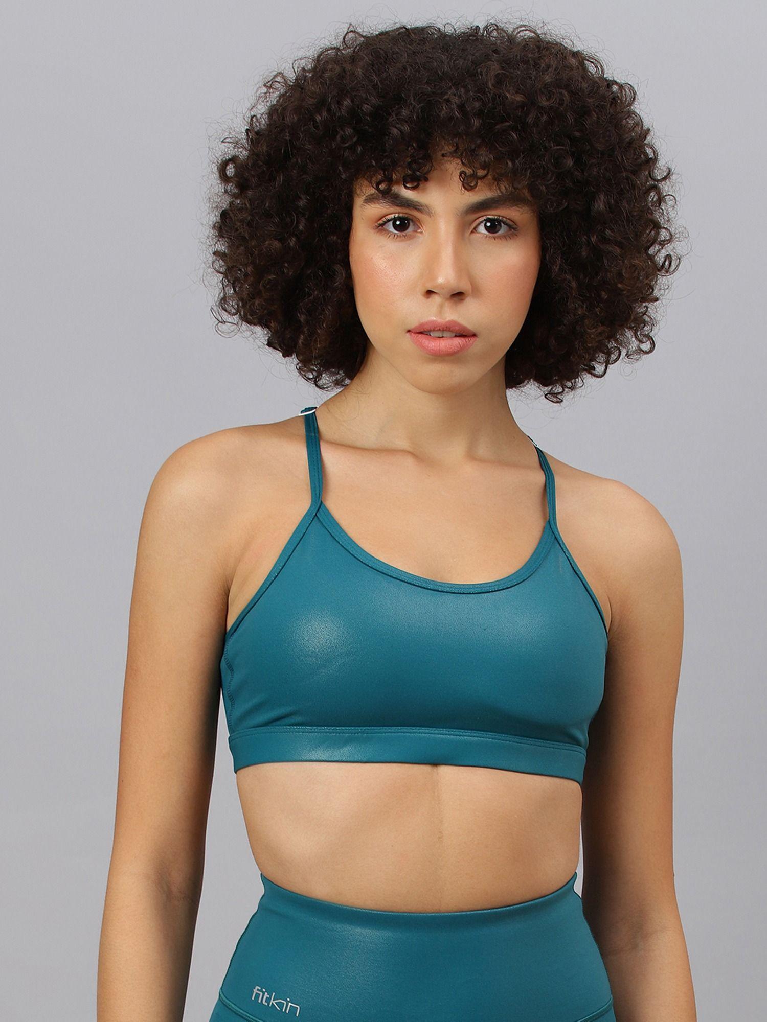 women's teal foil halter strapes sports bra