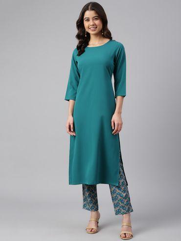 women's teal green crepe solid kurta with pant (set of 2)