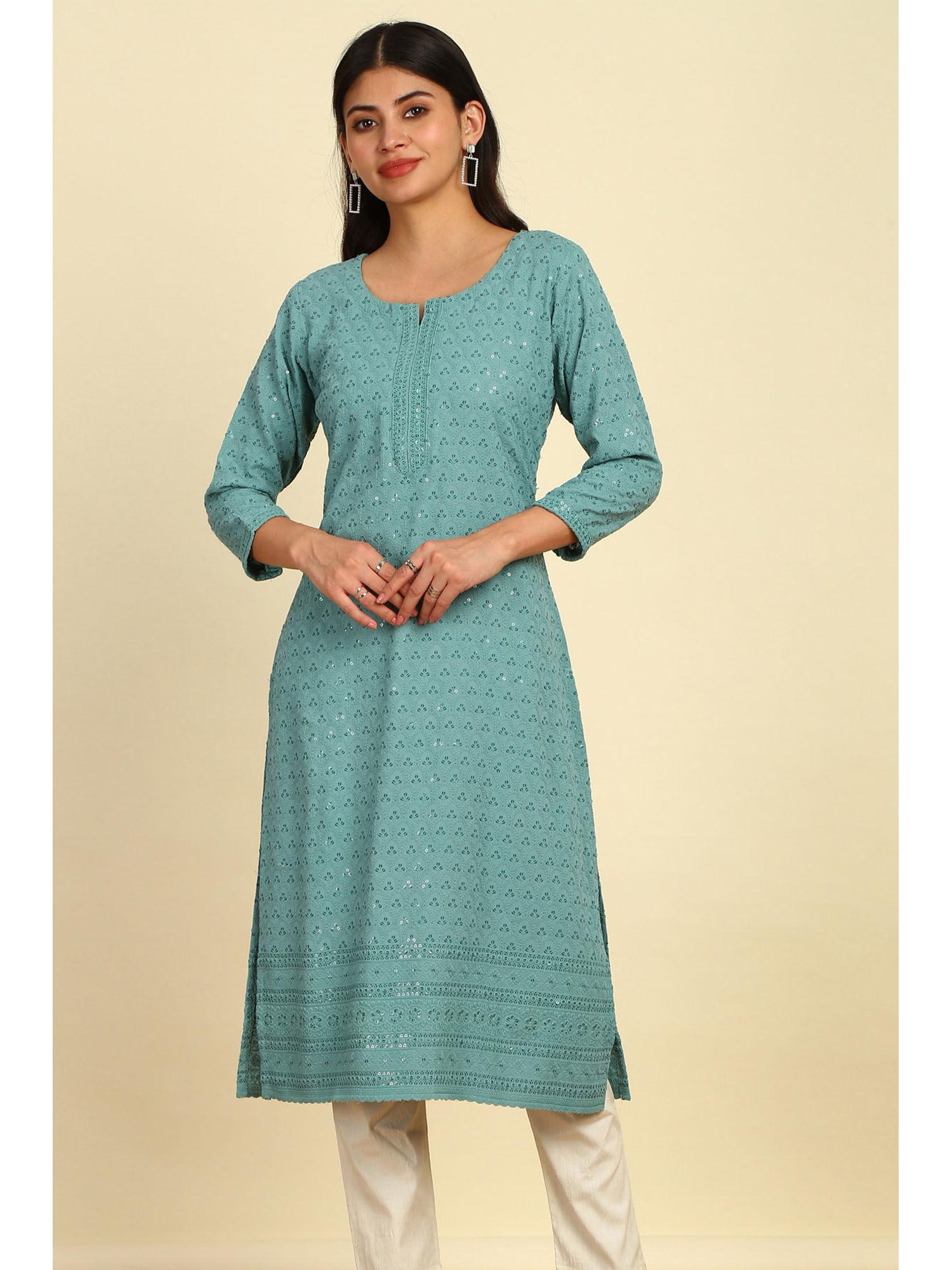 women's teal green rayon embroidered kurta with sequins work