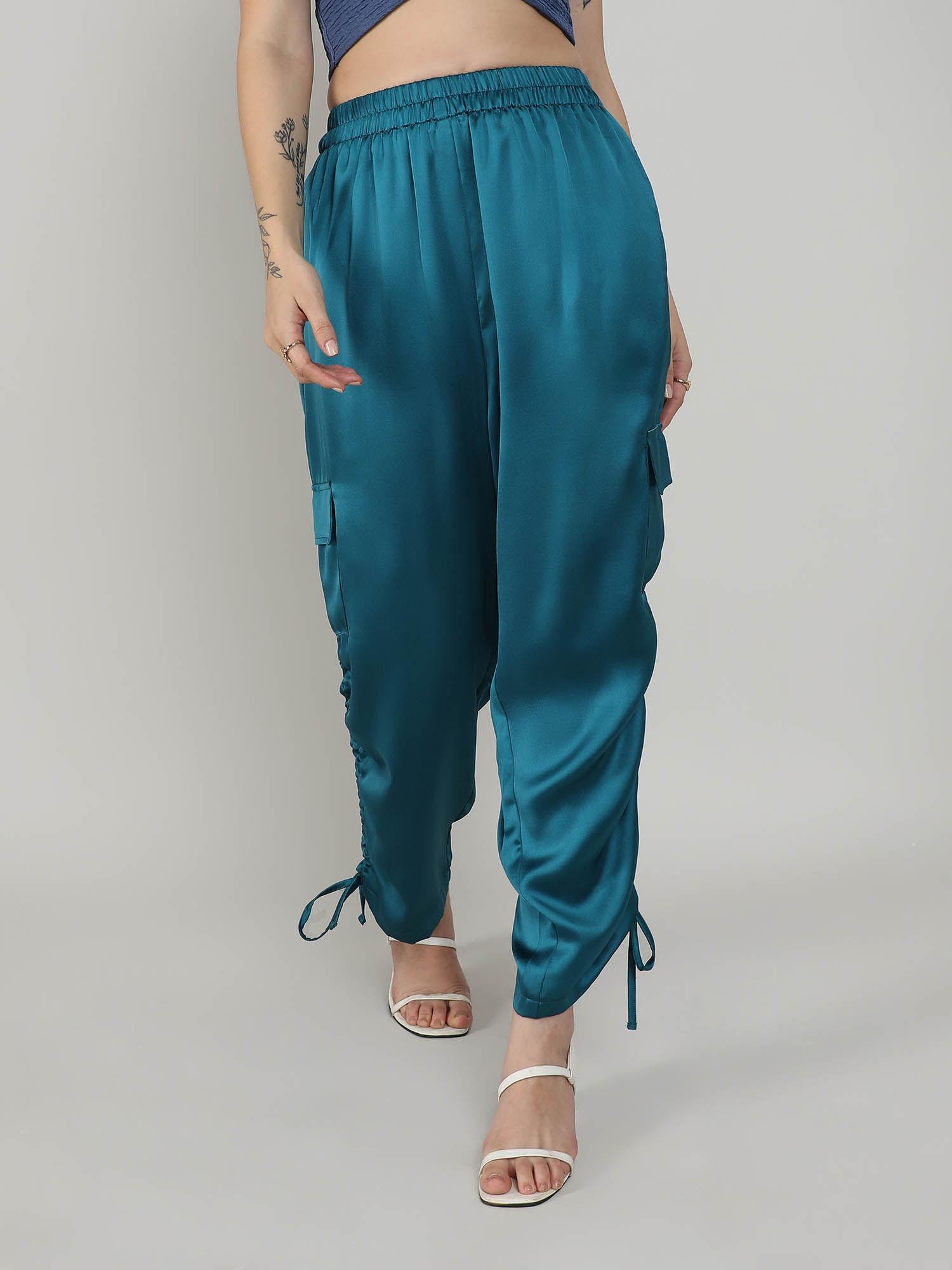 women's teal green ruched satin pant