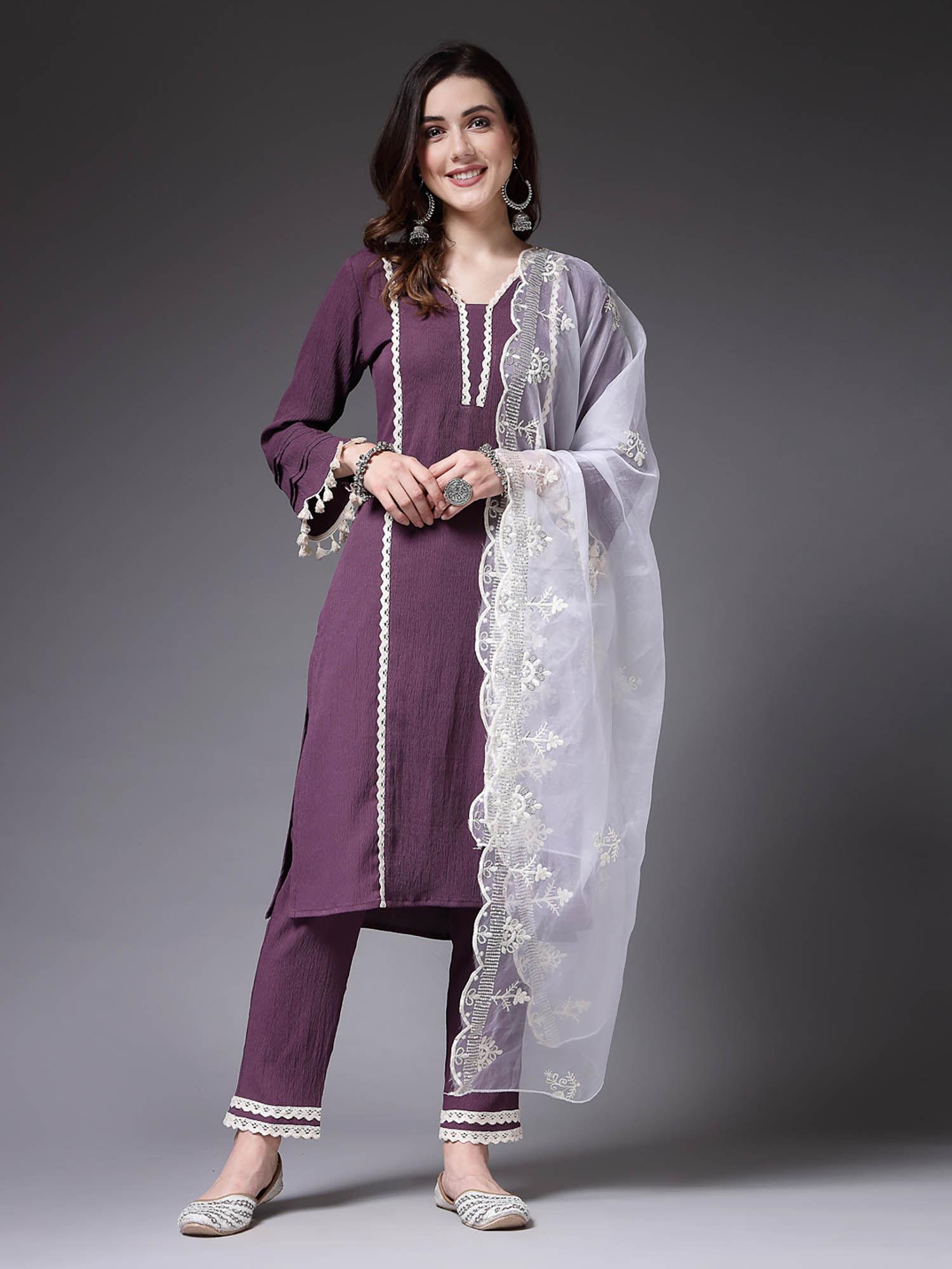 women's textured & embellished silk crepe straight kurta with pant and dupatta (set of 3)