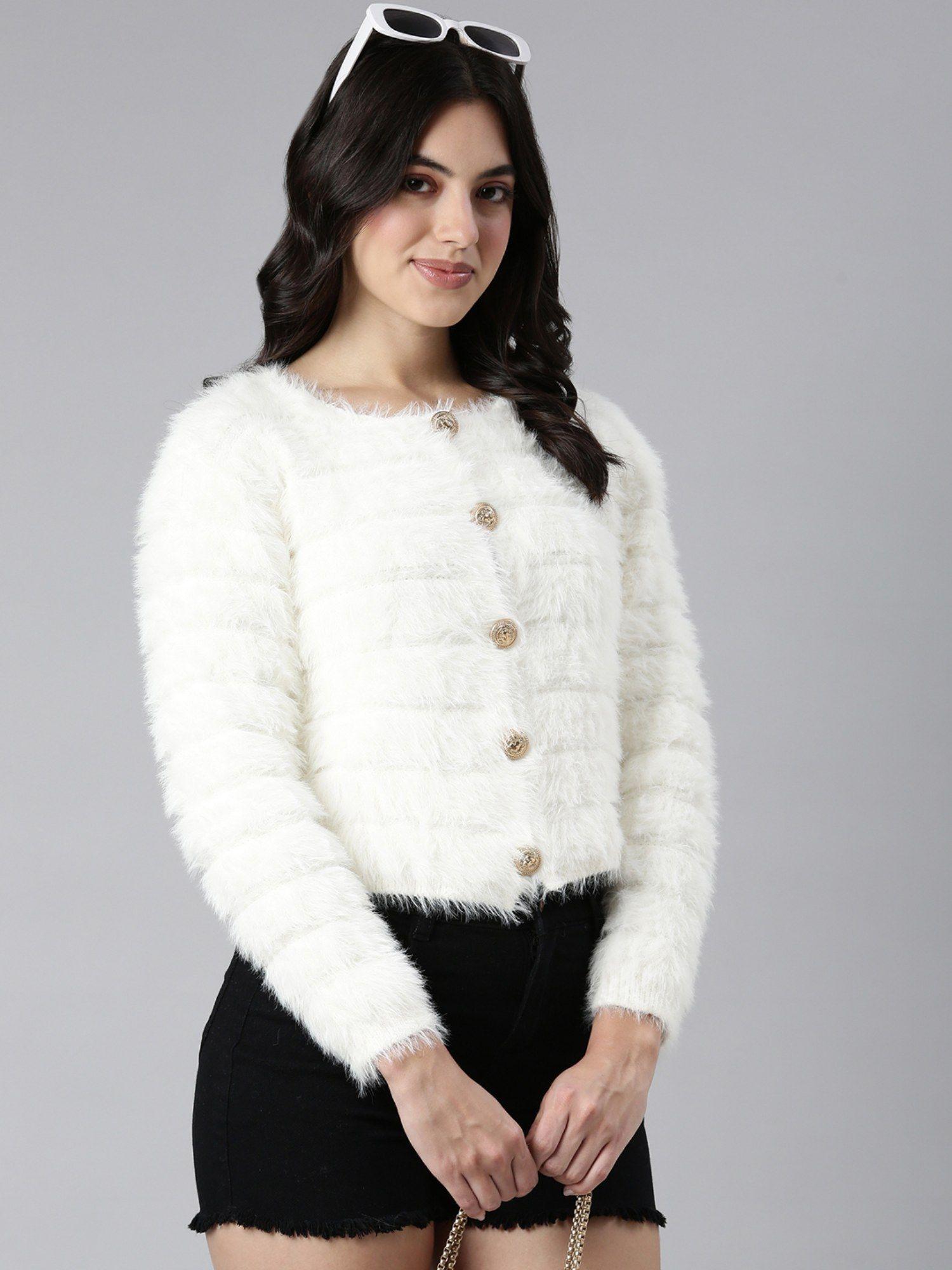 women's textured round neck crop cream fuzzy cardigan