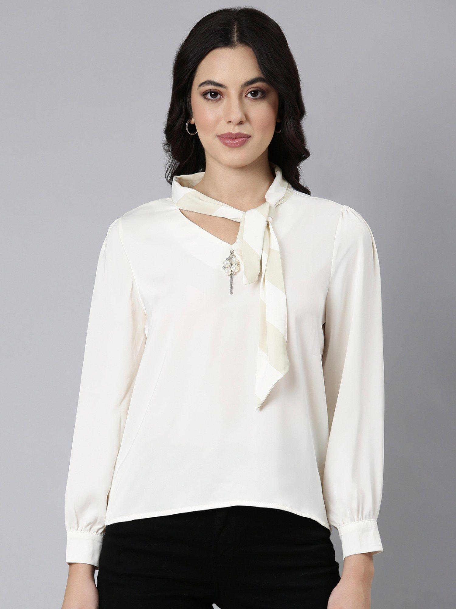 women's tie-up neck solid shirt style cream full sleeves top