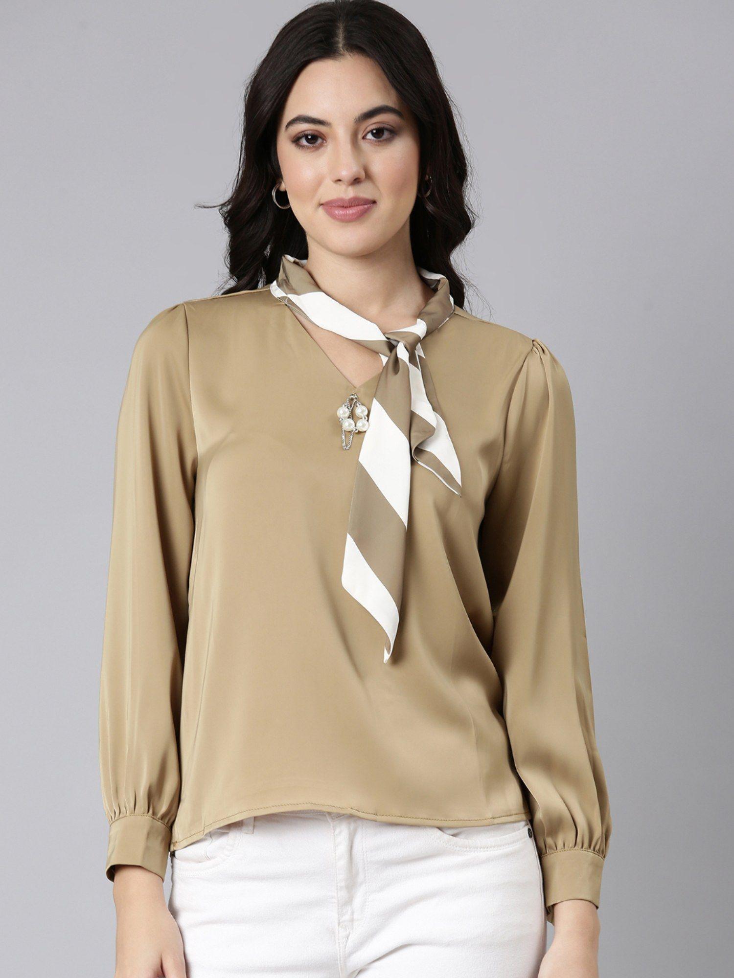 women's tie-up neck solid shirt style khaki full sleeves top