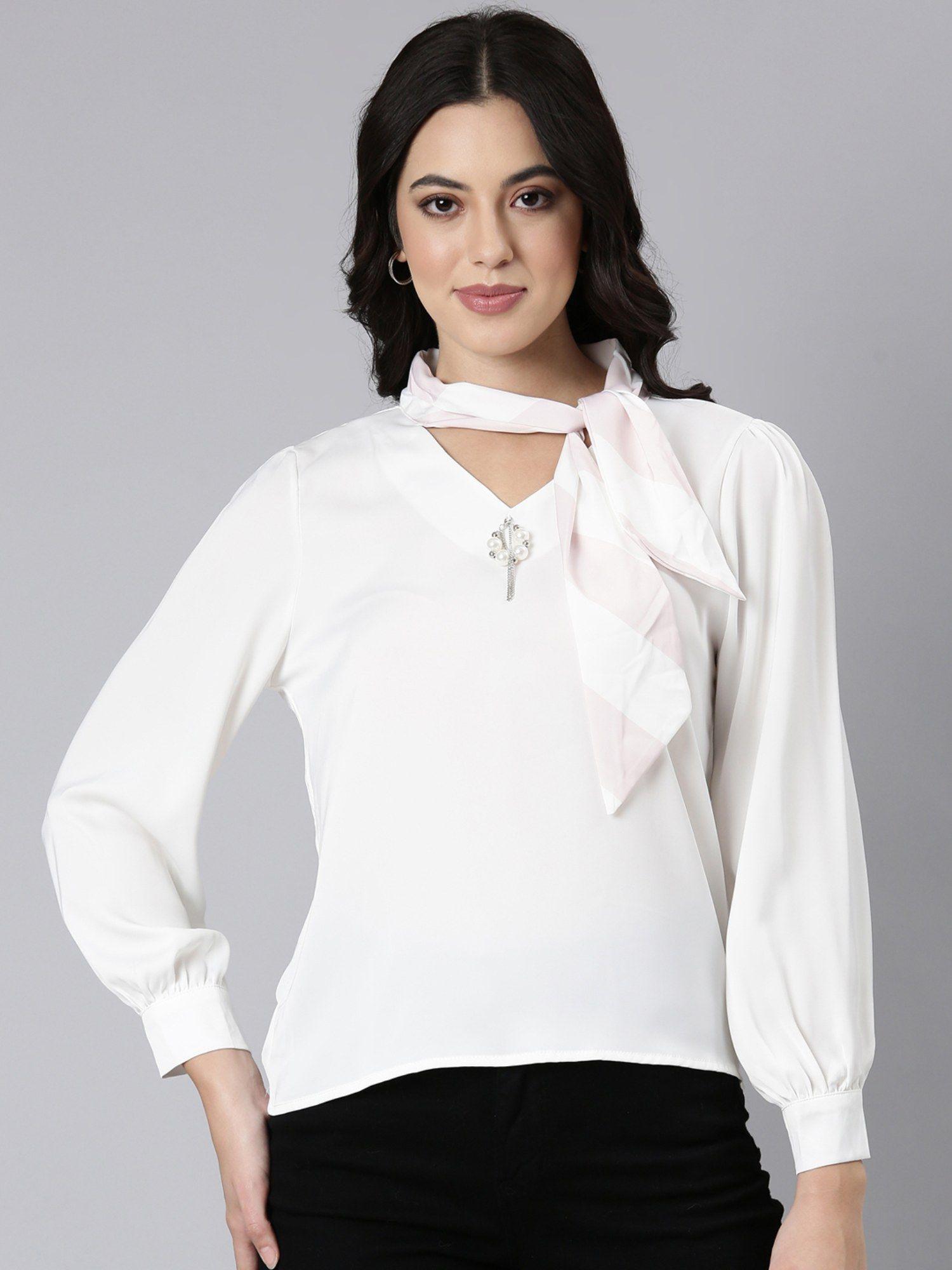 women's tie-up neck solid shirt style off white full sleeves top