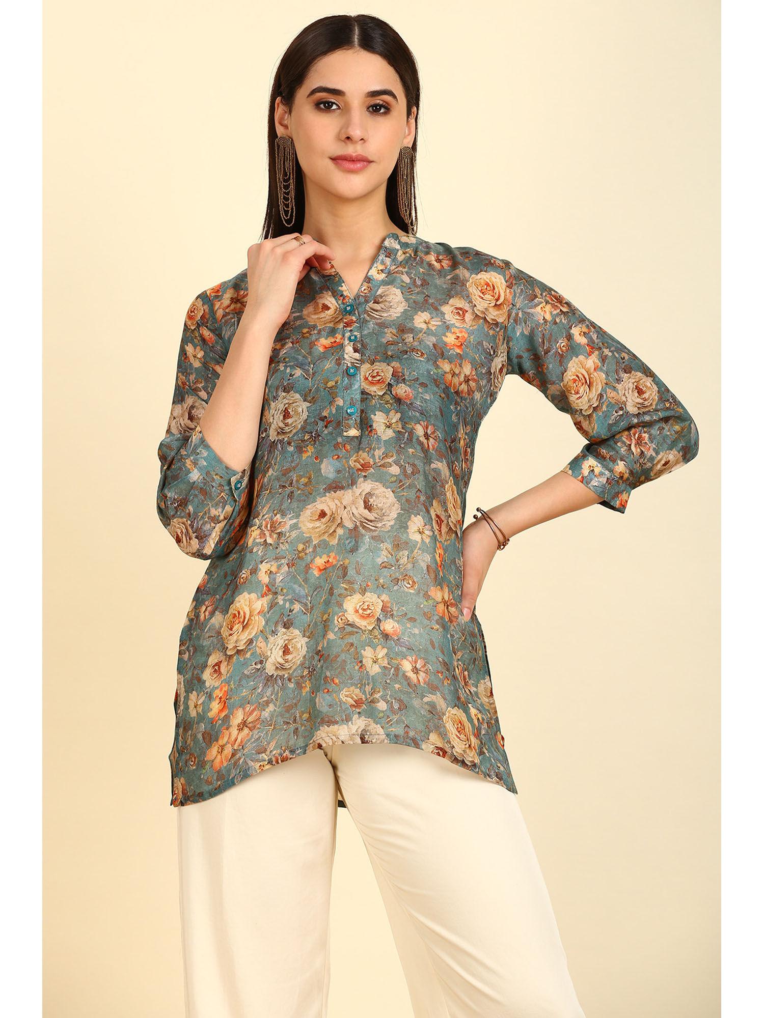 women's turquoise blue viscose floral print tunic