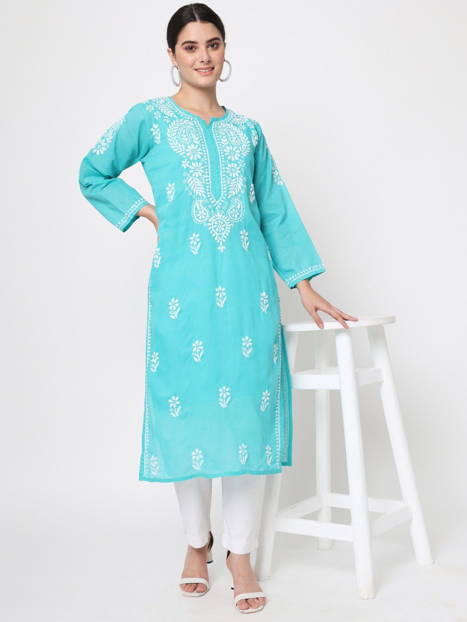 women's turquoise hand embroidered chikankari cotton straight kurta