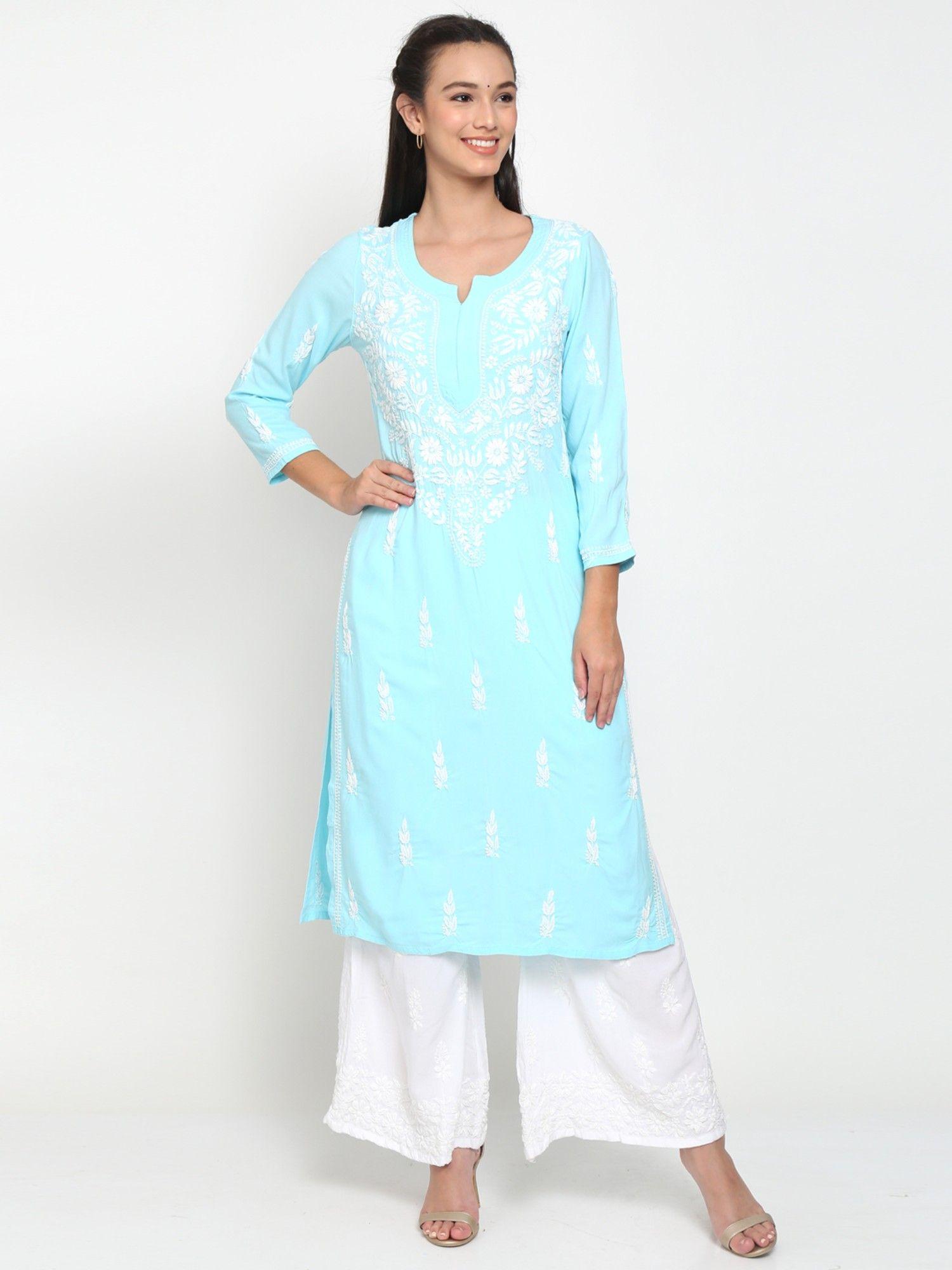 women's turquoise hand embroidered chikankari rayon straight kurta