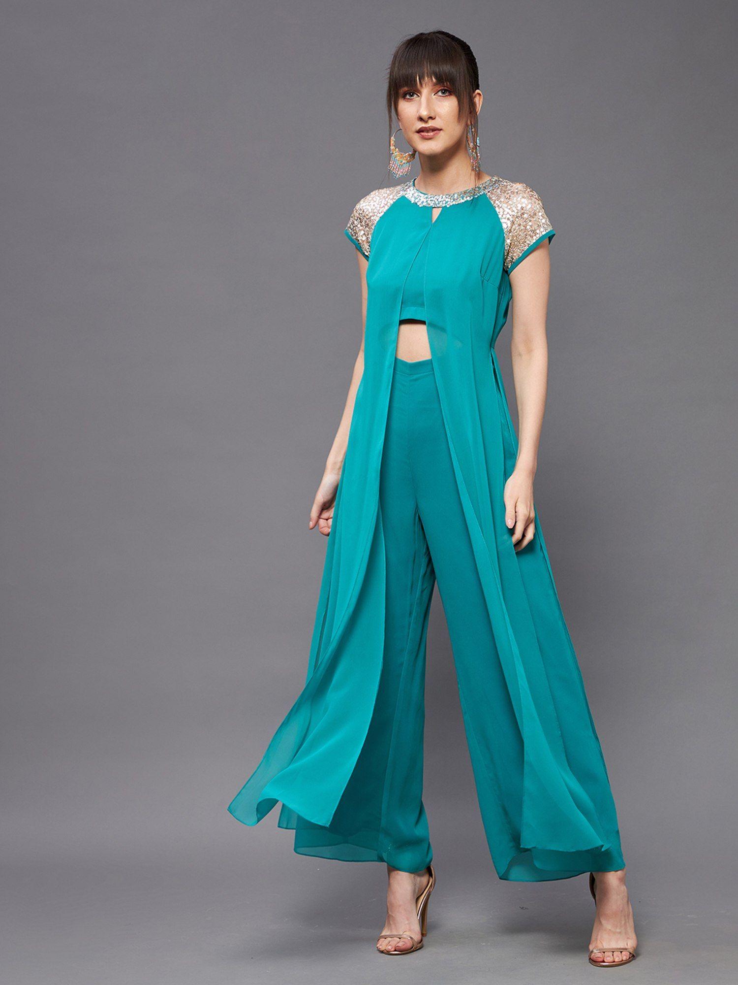 women's turquoise round neck raglan sleeve solid layered regular jumpsuit