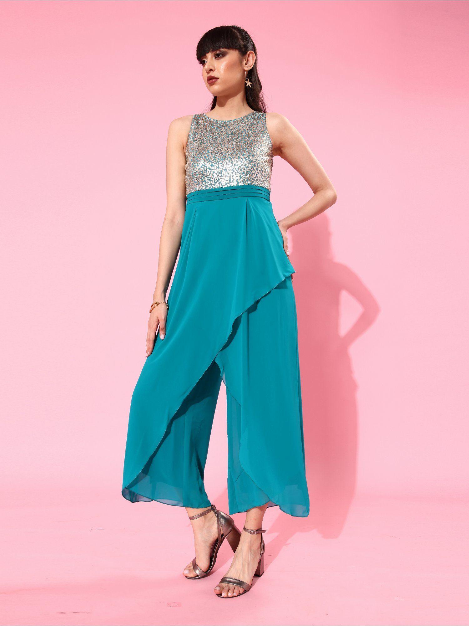 women's turquoise round neck sleeveless embellished layered regular jumpsuit