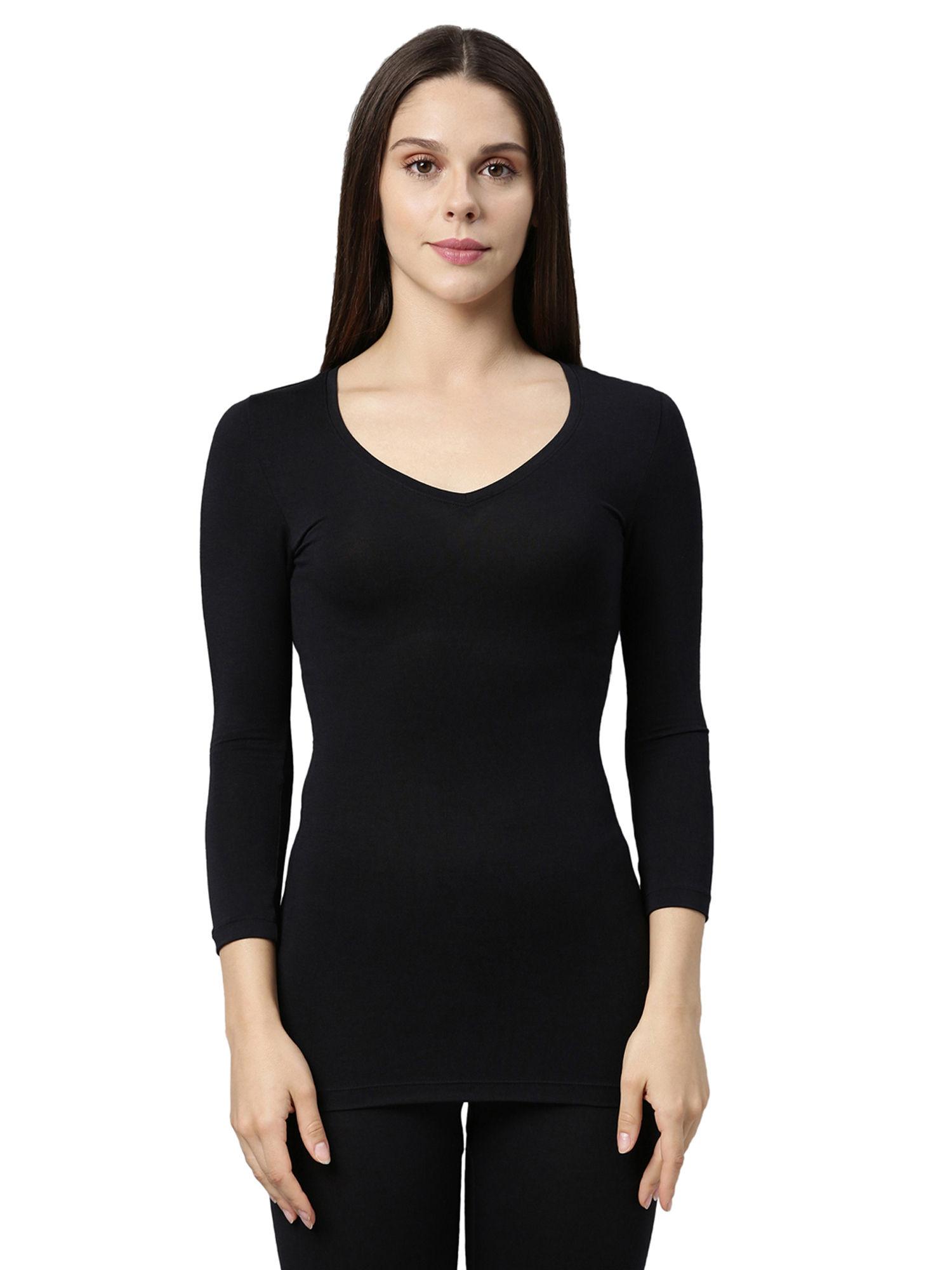 women's v-neck 3/4th thermal top with sweat wicking and antimicrobial finish - black