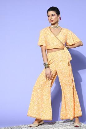women's v neck crepe straight top and palazzo set - mustard